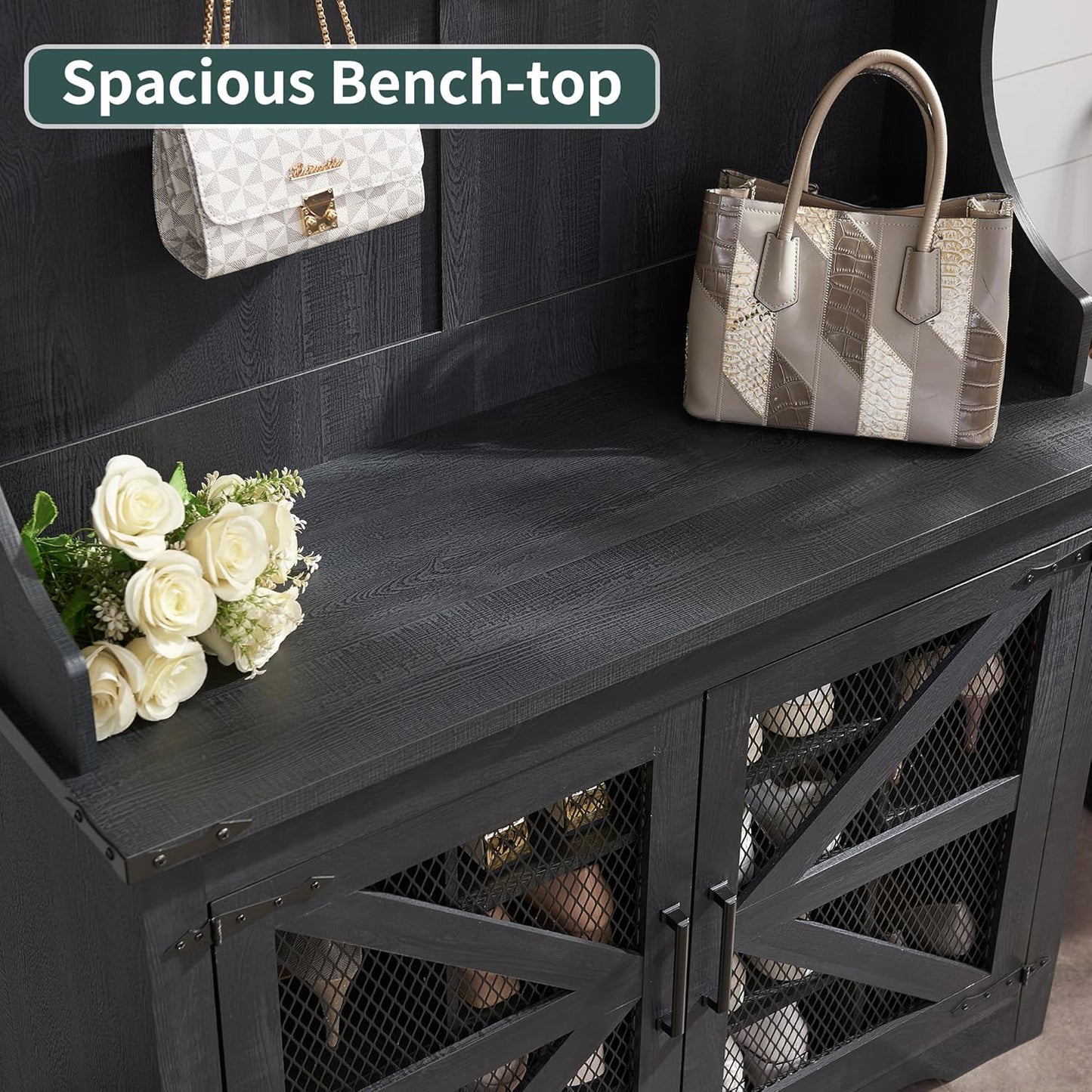 JXQTLINGMU 59-inch Farmhouse Foyer Tree with Shoe Storage, Entryway Bench Foyer Coat Rack Cabinet