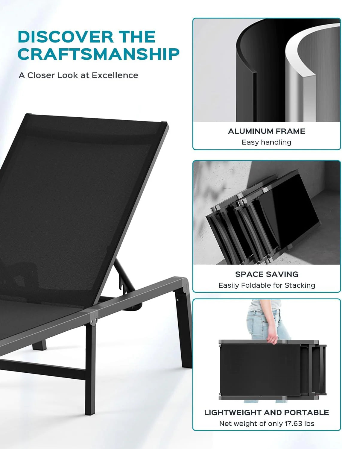 Aluminum Chaise Lounge Ourdoor - Foldable & Assemble Free Outdoor Lounge Chair with 5 Adjustable Backrest, Patio Lounge Chair for Outside Poolside Beach Pool, Black