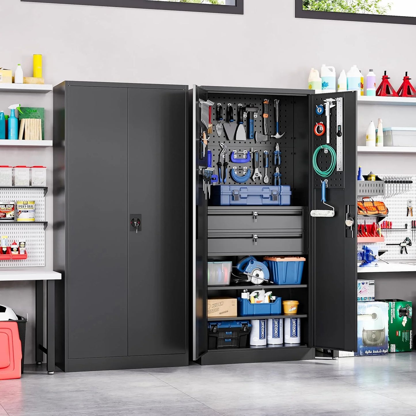 Yizosh Metal Garage Storage Cabinet with Locking Doors and 2 Drawers, Heavy Duty Steel Tool Cabinet with Pegboard, 71" - Lockable Cabinets