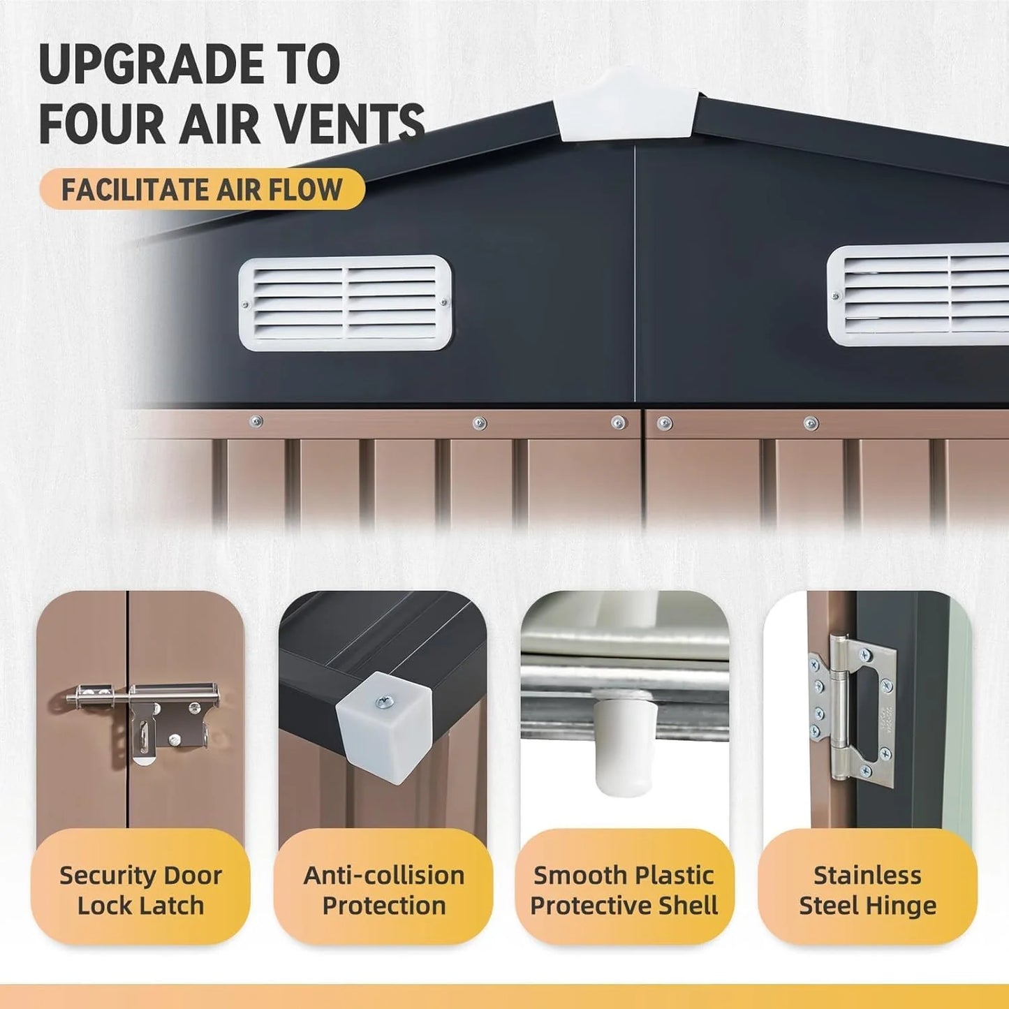 Aoxun 7.4x5.3FT Shed with Floor Galvanized Steel Outdoor Storage Shed Metal Garden Shed with Double Doors, 15mm Moisture-Proof Floor & Ventilation, Sloped Roof for Bike/Generator/Tool Storage (Brown)