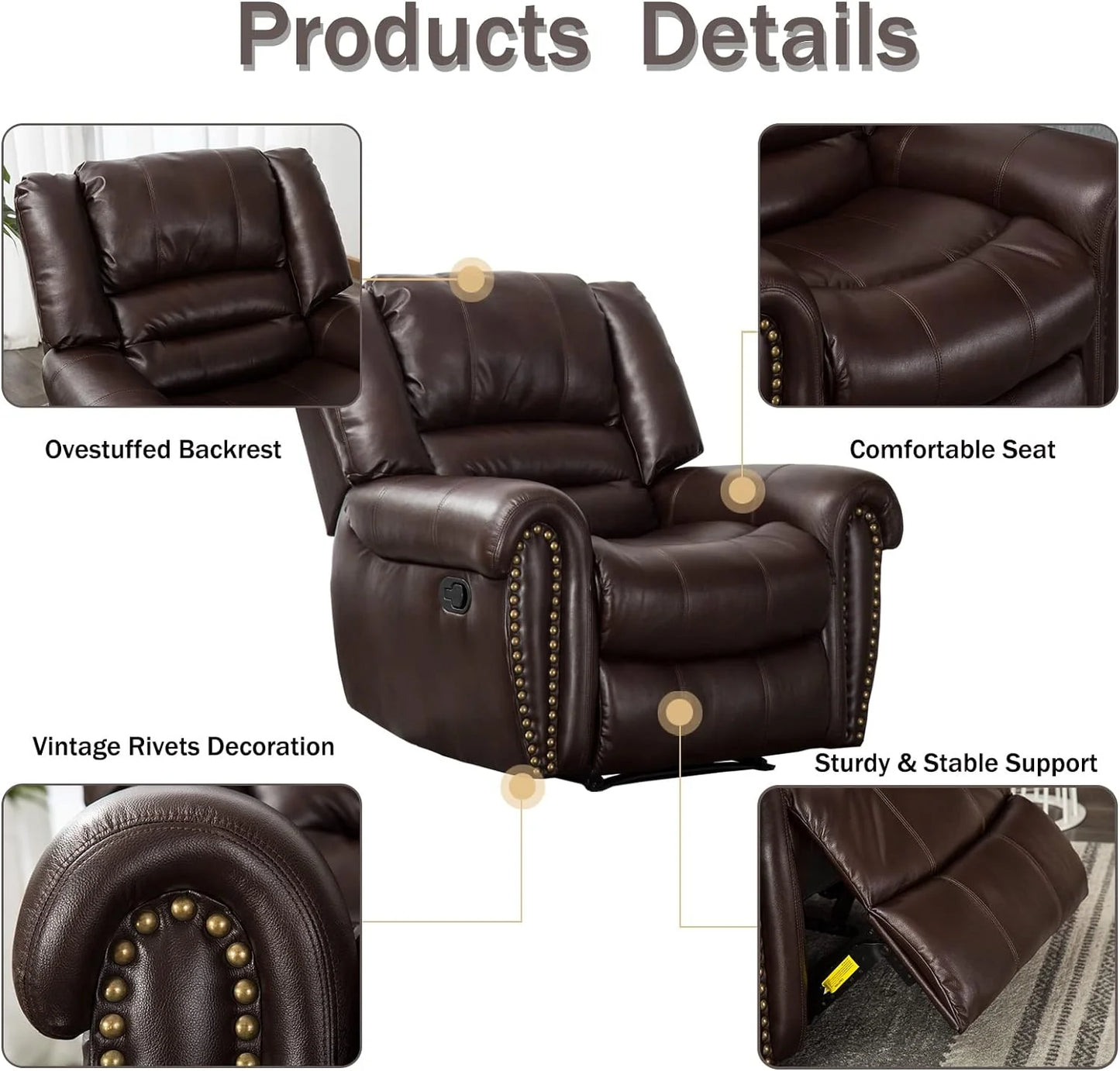 Leather recliner, classic traditional manual recliner, single sofa for living room