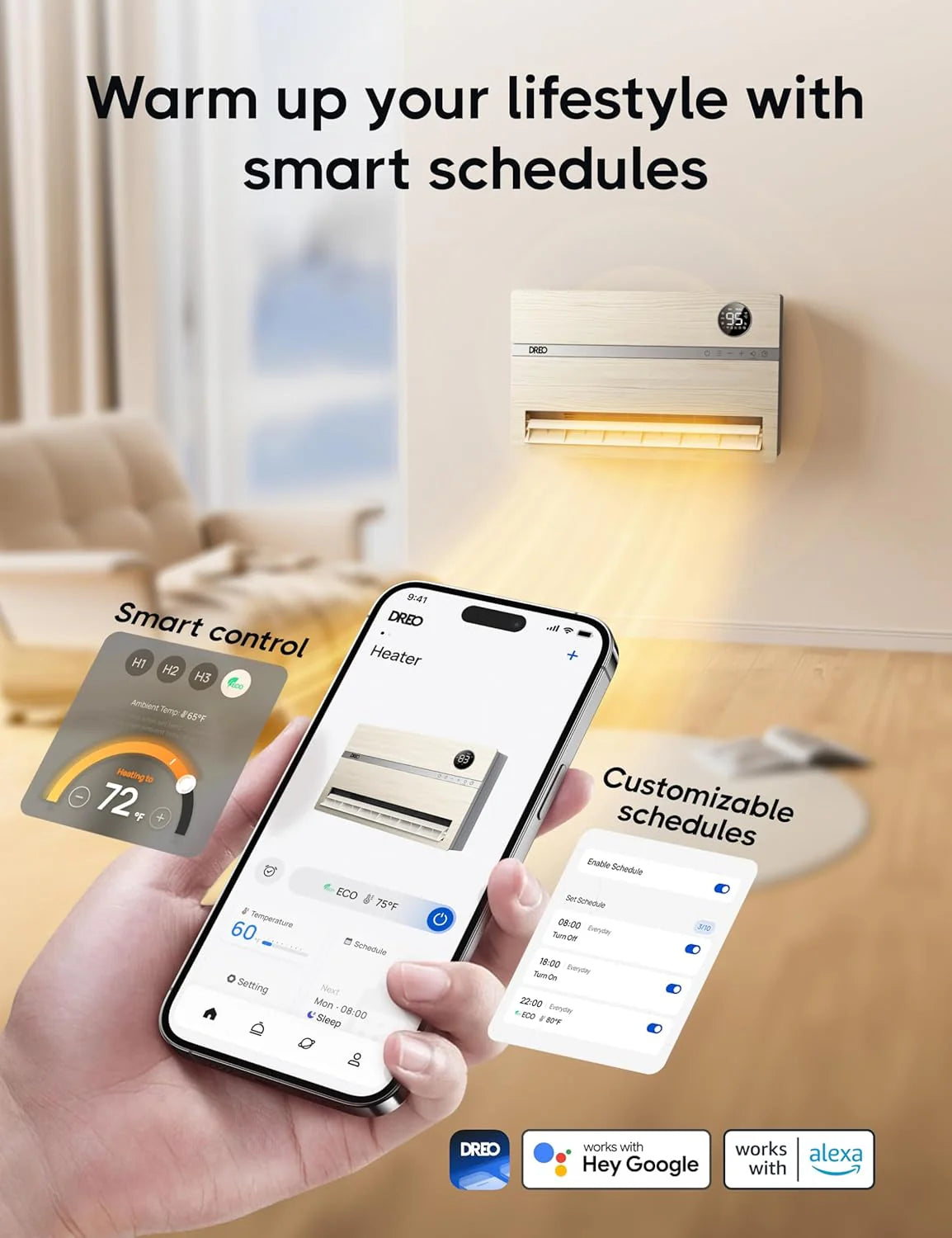 Smart wall mounted heater, bedroom electric heater, 1500W adjustable thermostat 24-hour timer easy to install indoor heater