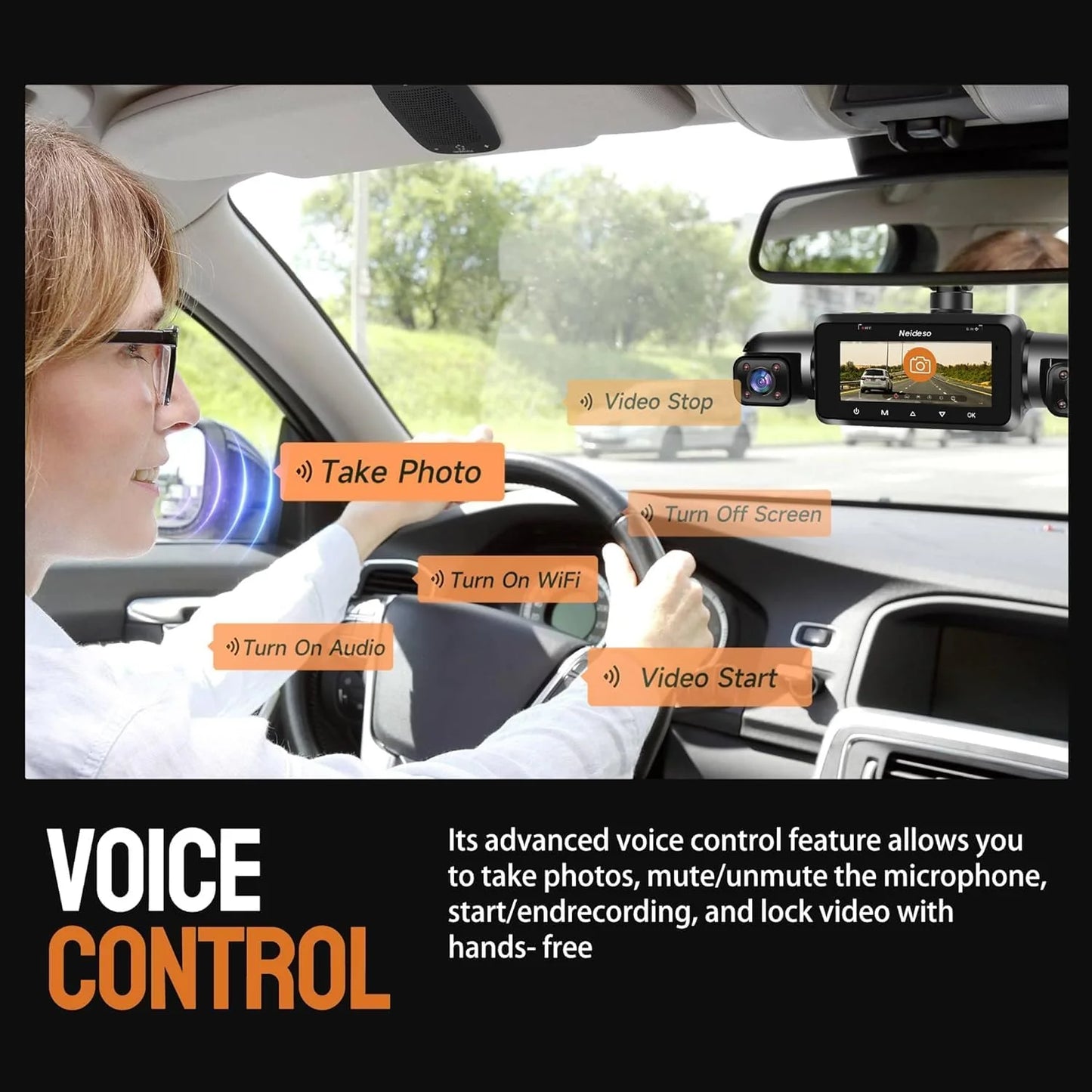 360° Dash Cam 4-Channel FHD 4*1080P Wi-Fi GPS Voice Control Car Camera, Front 2K+1080P*2 Dash Cam, with 64GB SD Card, Night Vision, 24-Hour Parking Mode