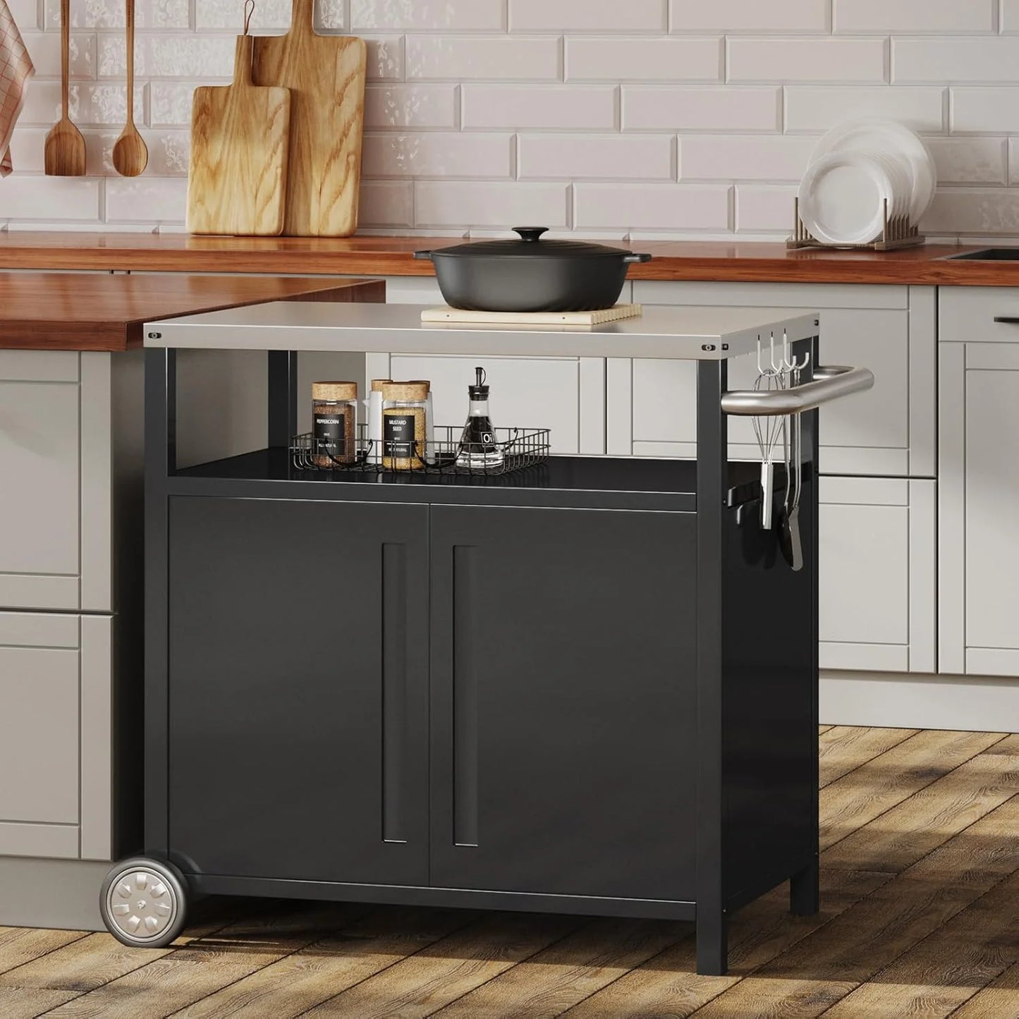 Stainless Steel Outdoor Grill Cart Pizza Oven Stand Trolley Table with Wheels Three-Shelf Movable Food Prep and Work Table Heavy Duty Grill Carts Outdoor Cart 31.5"×24"×35.5"