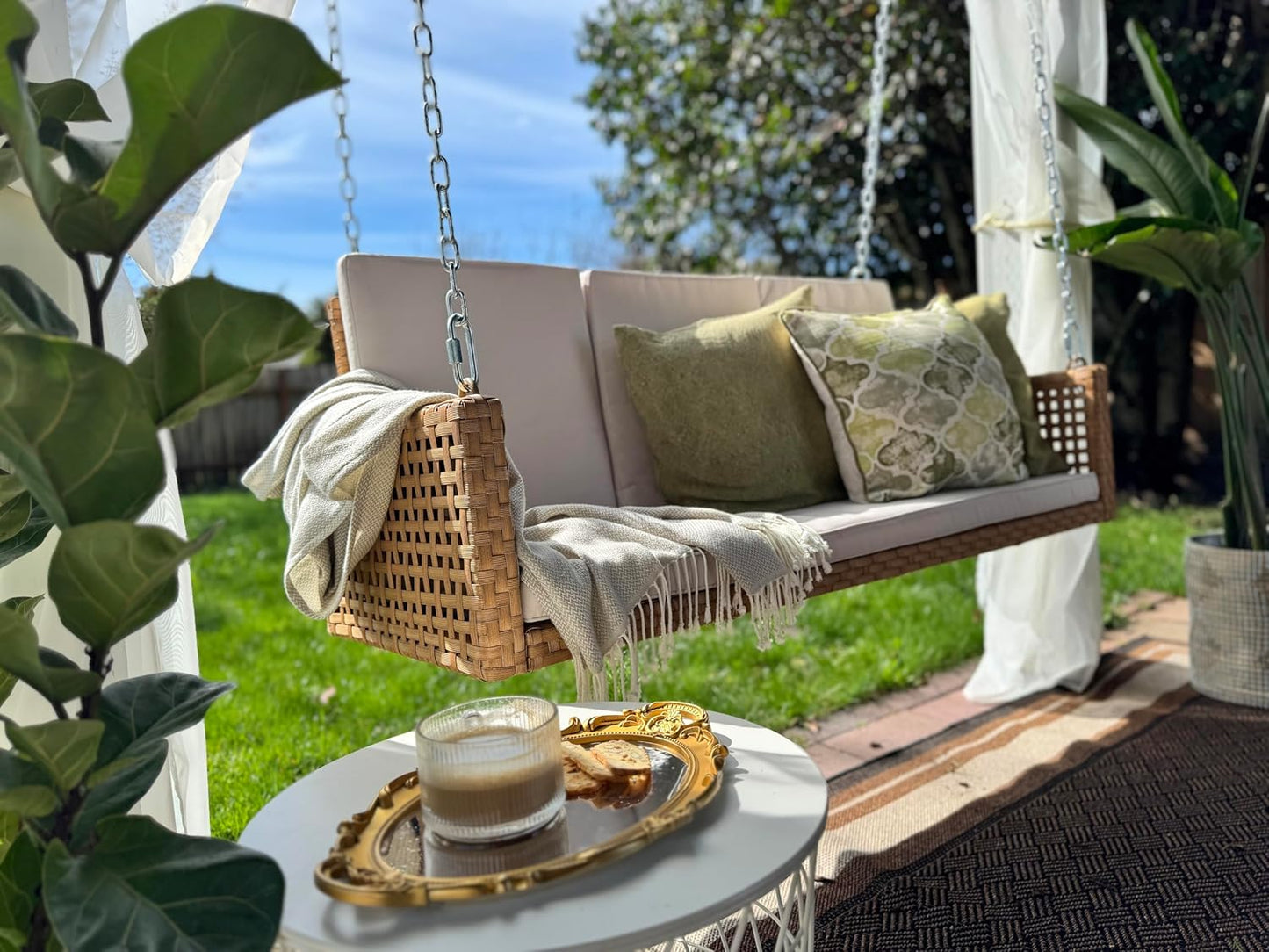 YITAHOME Hanging Porch Swing Chair Sits 3 People, Wicker Outdoor Swing Bench, Patio Lounge Chair, 1 Seating Cushion and 3 Back Cushions, w/Removable Covers, for Garden, Balcony, Backyard, Brown