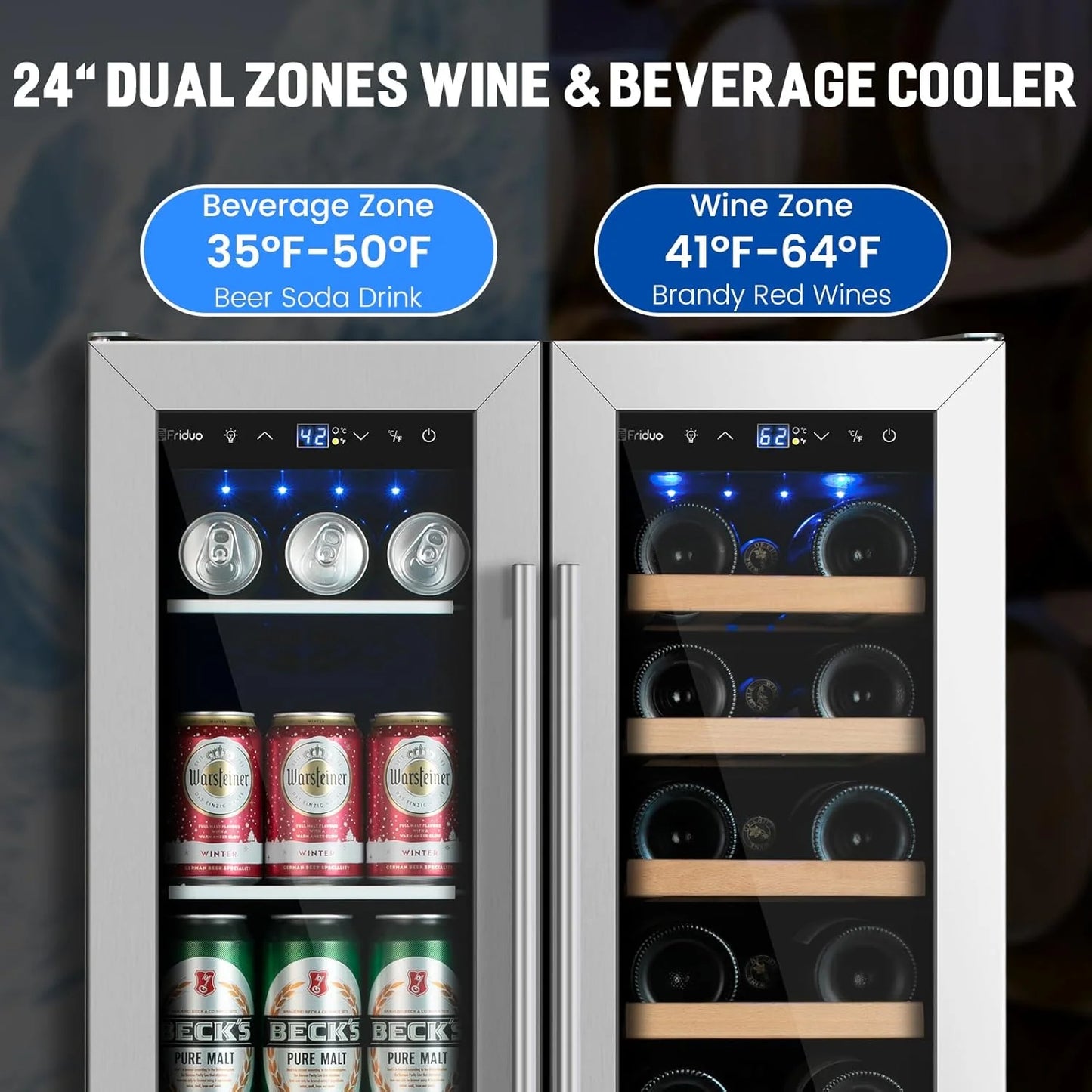 24 inch Dual Zone Beverage Refrigerator, 30 Bottles & 82 Cans Wine Fridge Built-in or Freestanding with Glass Door, Wine and Beverage Refrigerator Cooler for Kitchen Home Bar