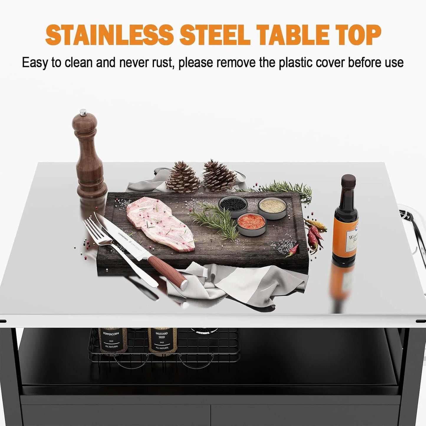 Stainless Steel Outdoor Grill Cart Pizza Oven Stand Trolley Table with Wheels Three-Shelf Movable Food Prep and Work Table Heavy Duty Grill Carts Outdoor Cart 31.5"×24"×35.5"