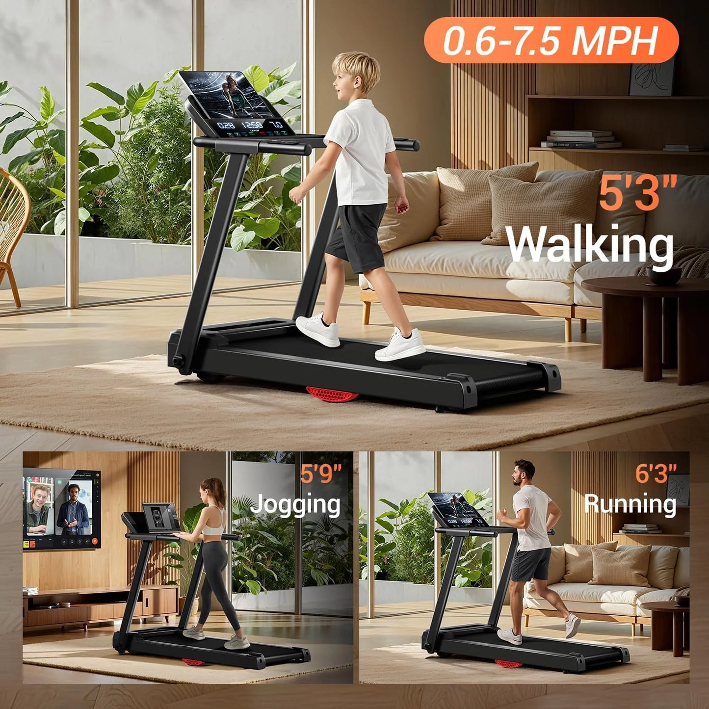 Home Treadmill, 15% Incline Treadmill, 3.0 hp Quiet Brushless Dual Cushion System00lbs Weight Capacity
