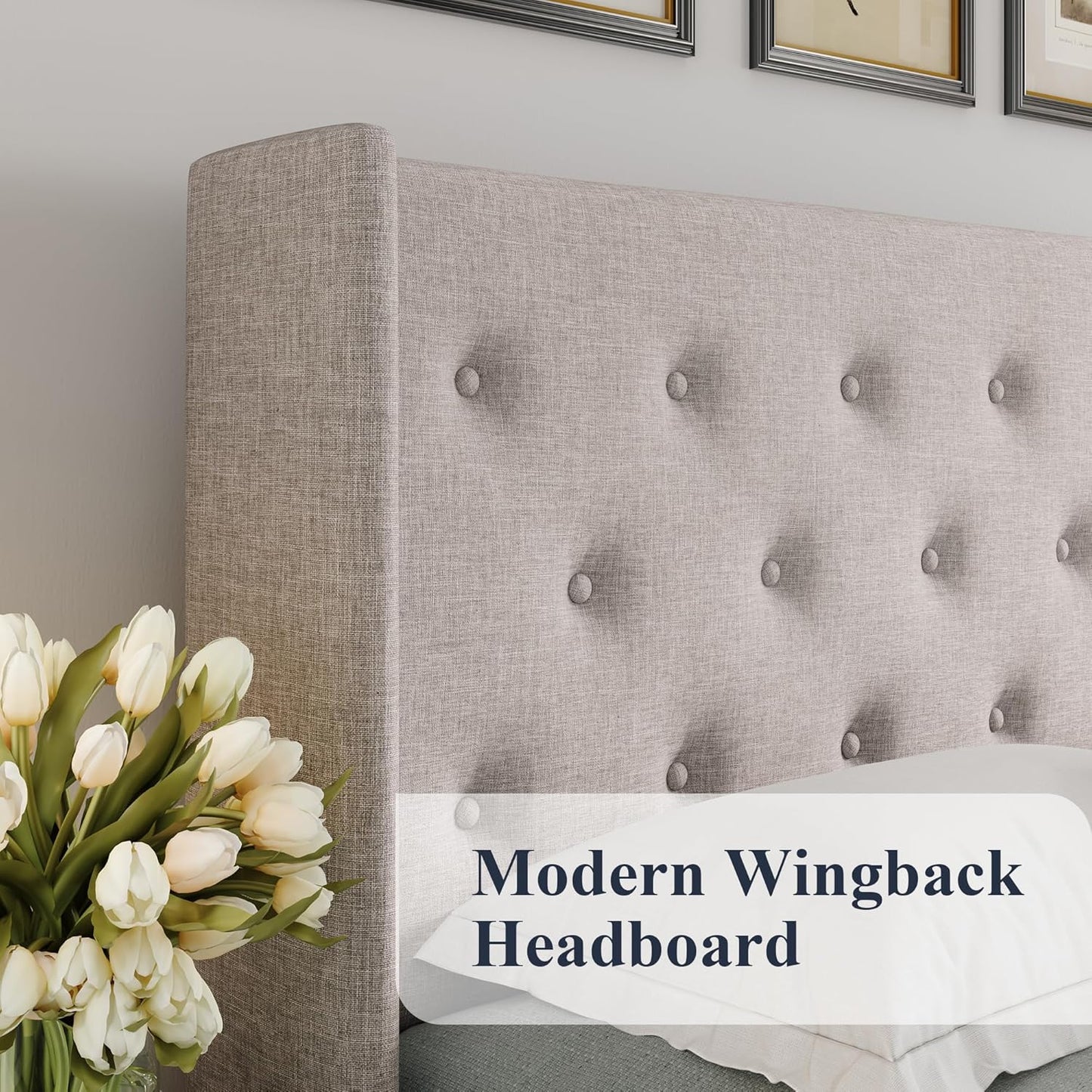 Allewie Queen Size Lift Up Storage Bed, Modern Wingback Headboard, Hydraulic Support, No Box Spring Needed, Light Beige