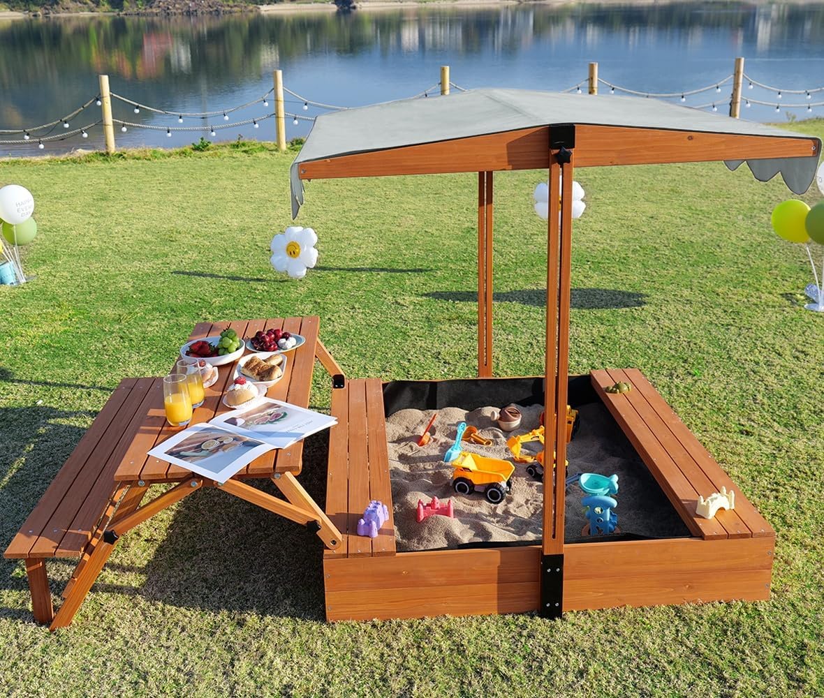 Wooden Kids Sandbox with Lid Outdoor Sand Box with Picnic Table Foldable, Sandpit with Cover Ages 4-8, Adjustable Canopy Bottom Liner for Backyard Garden