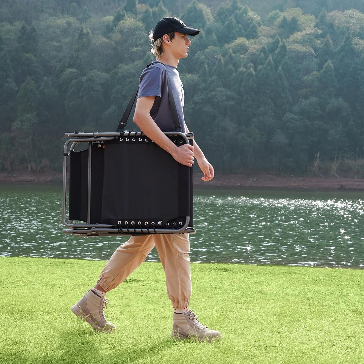 2 Pack Outdoor Chaise Lounge Chair - Portable Folding Patio Pool Lounge Chair, 5 Positions Adjustable Reclining Camping Chair with Side Table,Shoulder Strap, Pillow for Beach Sunbathing Lawn