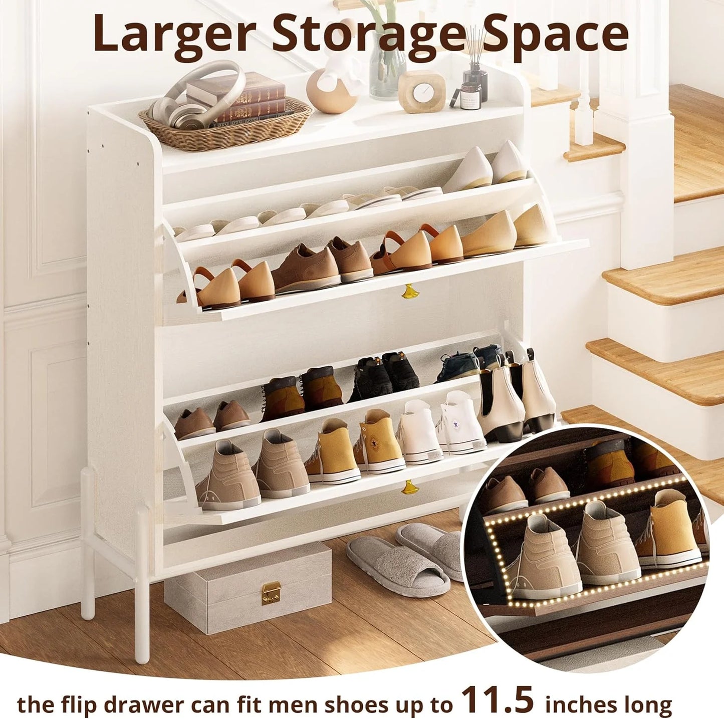 IRONCK Shoe Cabinet Storage with 2 Flip Drawers, Free Standing Wooden Shoe Storage Organizer Cabinet with Rattan Doors for Entryway, Narrow Shoe Rack Cabinet, Oak