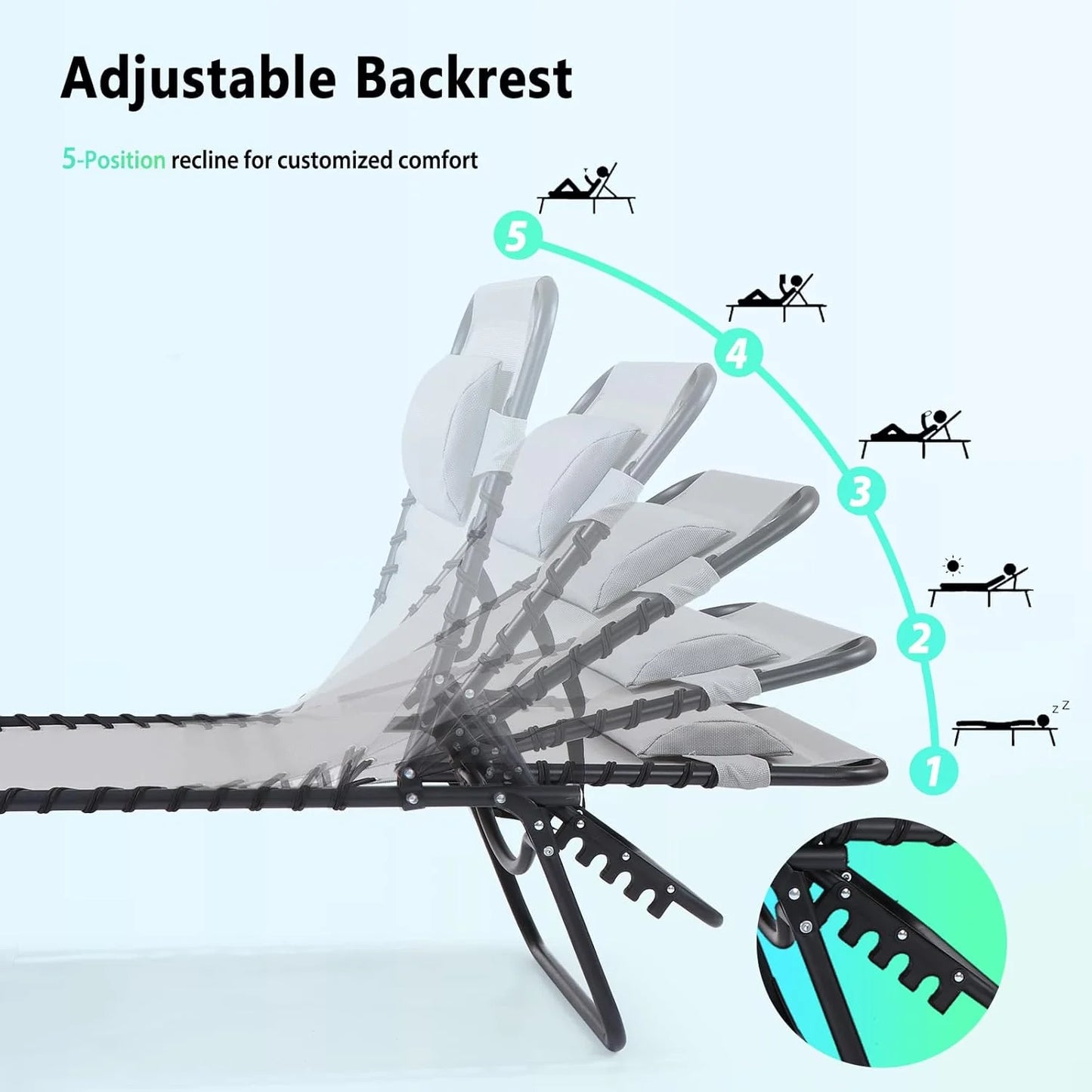 Unovivy Outdoor Chaise Lounge Chairs Set of 2, Portable Folding Pool Lounge Chair with 5-Position Reclining Back, Teslin Tanning Chair for Pool, Beach, Patio, Sunbathing