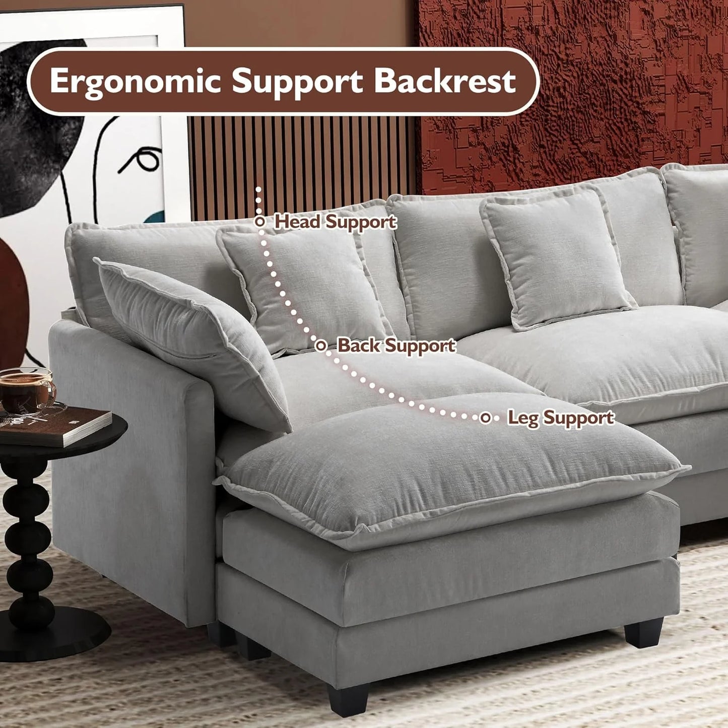 111.4 Inch L-Shaped Modern Sofa Modular Cloud Sofa with Ottoman, 4-Seater Chenille Deep Seat Sofa with Pillows for Living Room, Bedroom and Apartment, Beige