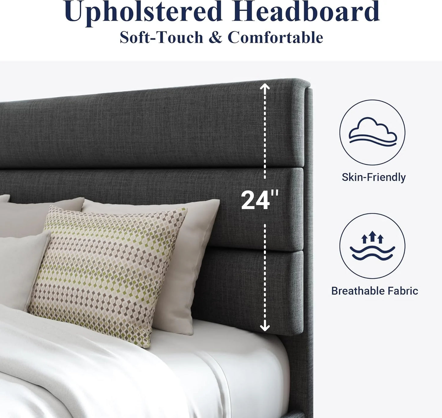 Allewie Queen Size Platform Bed Frame with Fabric Upholstered Headboard and Wooden Slats Support, Fully Upholstered Mattress Foundation/No Box Spring Needed