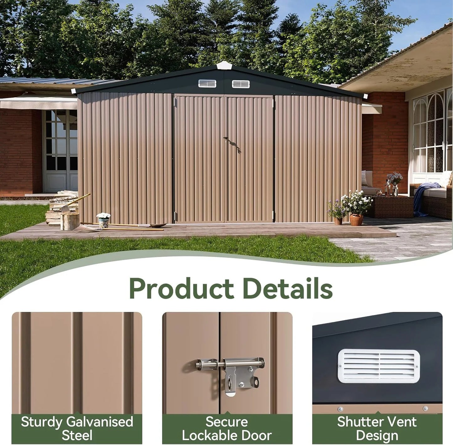 Aoxun 12x10 FT Shed Metal Outdoor Waterproof Storage Shed Steel Utility Garden Tool Shed with Door & Lock Outdoor Storage for Garden Patio Lawn Poolside, Brown