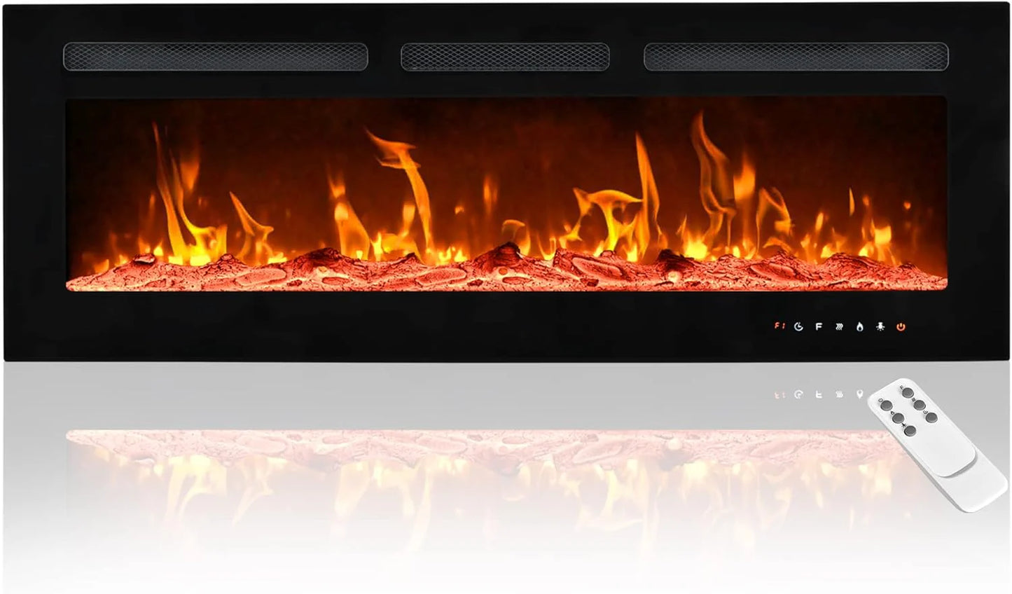 EUHOMY 50 Inch Electric Fireplace Wall Recessed and Wall Mounted with Adjustable Flame Color, Fireplace Heater with Remote Control, Linear Fireplace with Timer, Touch Screen, Log & Crystal, 750/1500W