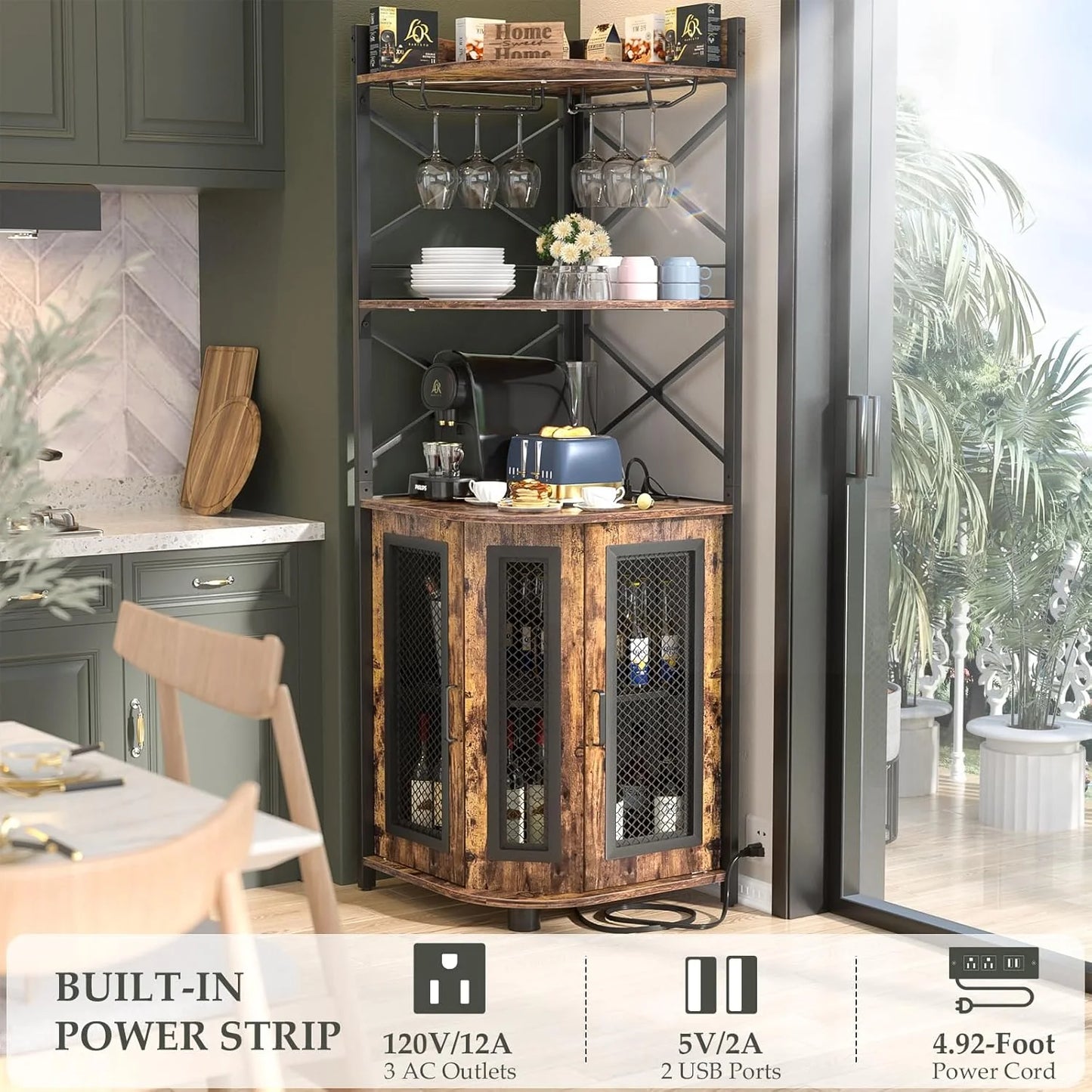 Corner bar cabinet with power socket, industrial style wine cabinet with LED light strip and glass rack, home five-layer wine cabinet bar unit, small space corner display cabinet