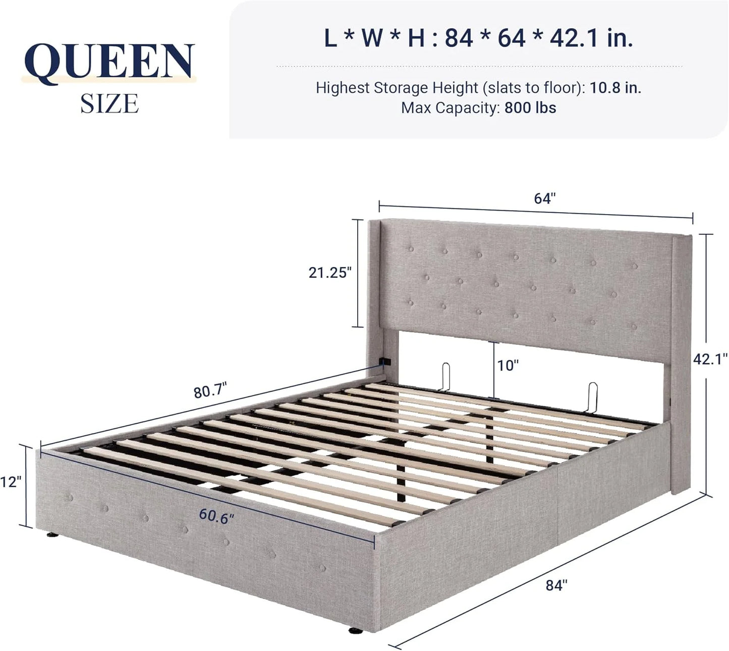 Allewie Queen Size Lift Up Storage Bed, Modern Wingback Headboard, Hydraulic Support, No Box Spring Needed, Light Beige