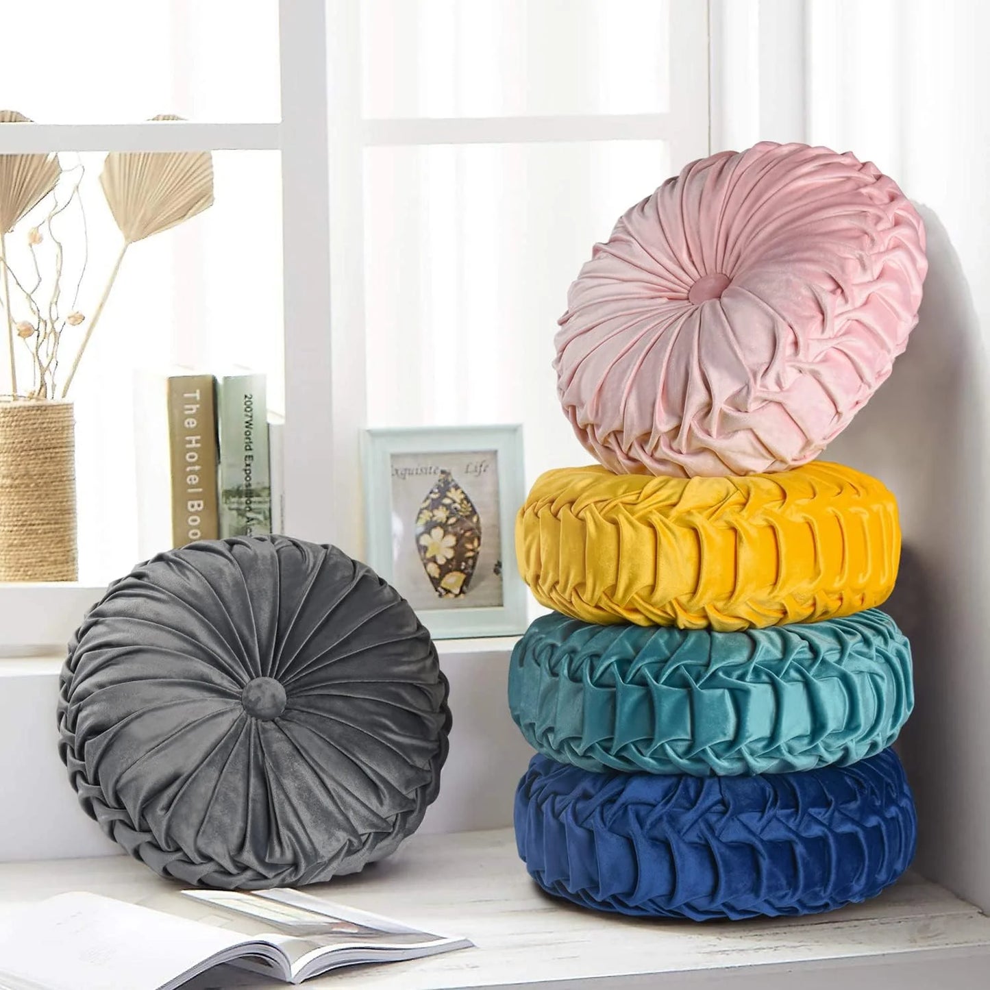 Set of 2 Decorative Round Pleated Throw Pillows