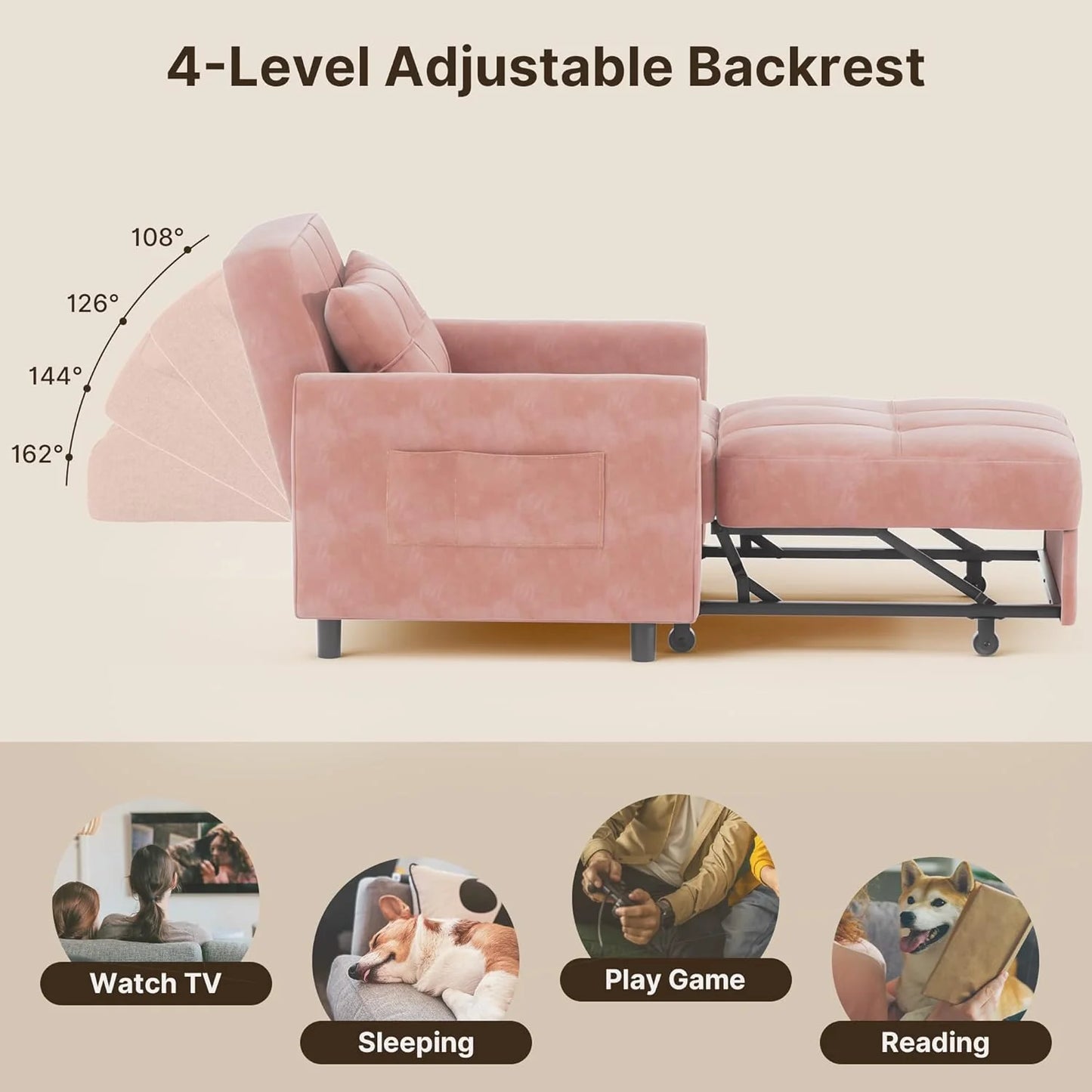 Sofa Bed Chair 3 in 1 Convertible, Pullout Single Sleeper Chair Bed with Adjustable Backrest, Spacious Multifunctional Sofa Couches