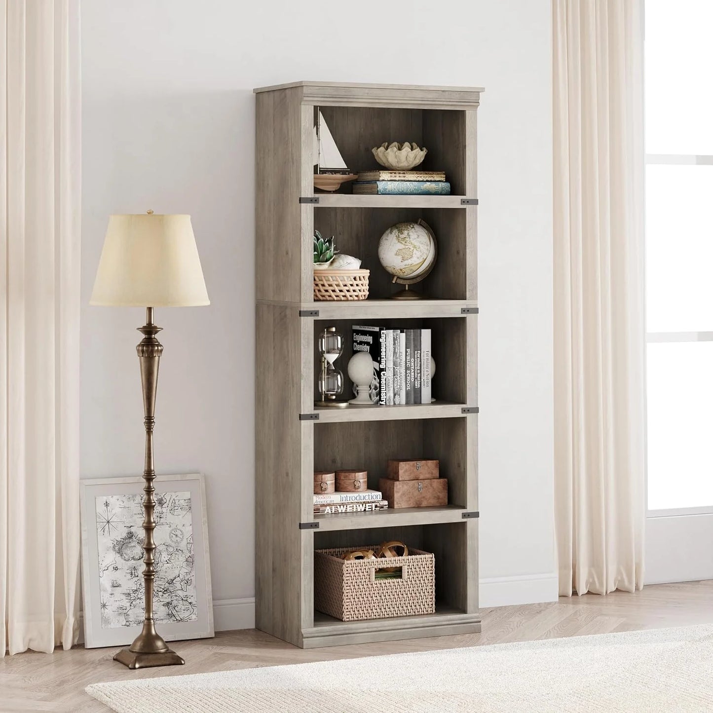 5 Tier Bookcase Farmhouse Book Shelf with Storage Open Display Bookshelves