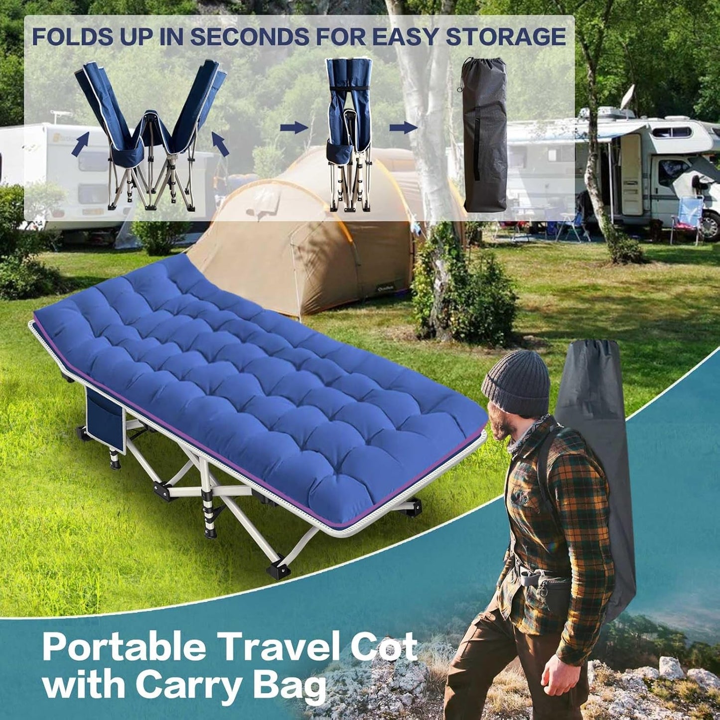 2-Pack Camping Cots with Mattress Comfortable Folding Bed Heavy Duty Baby Cot