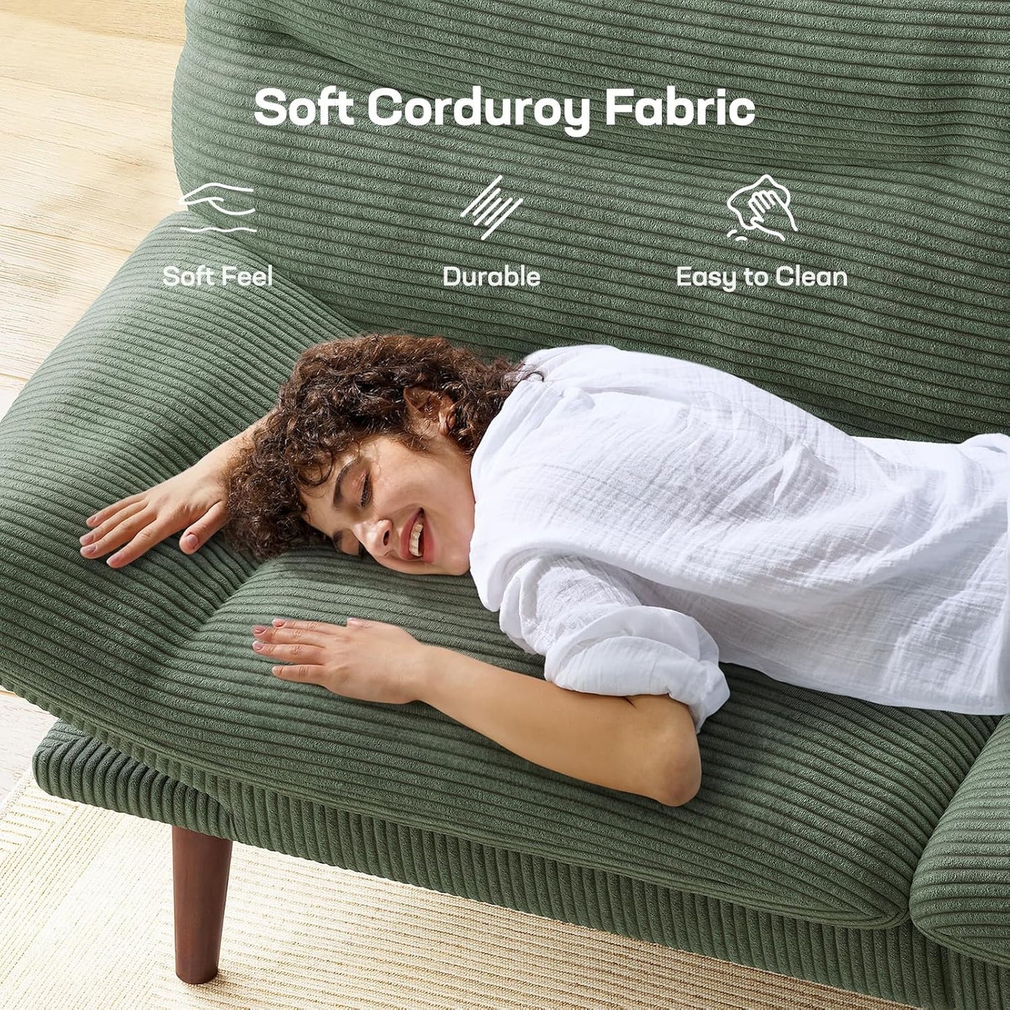 Futon Sofa Bed, Futon Sofa with Adjustable Back and Armrests, Converts to Small Sleeper Sofa Bed Corduroy Loveseat Green