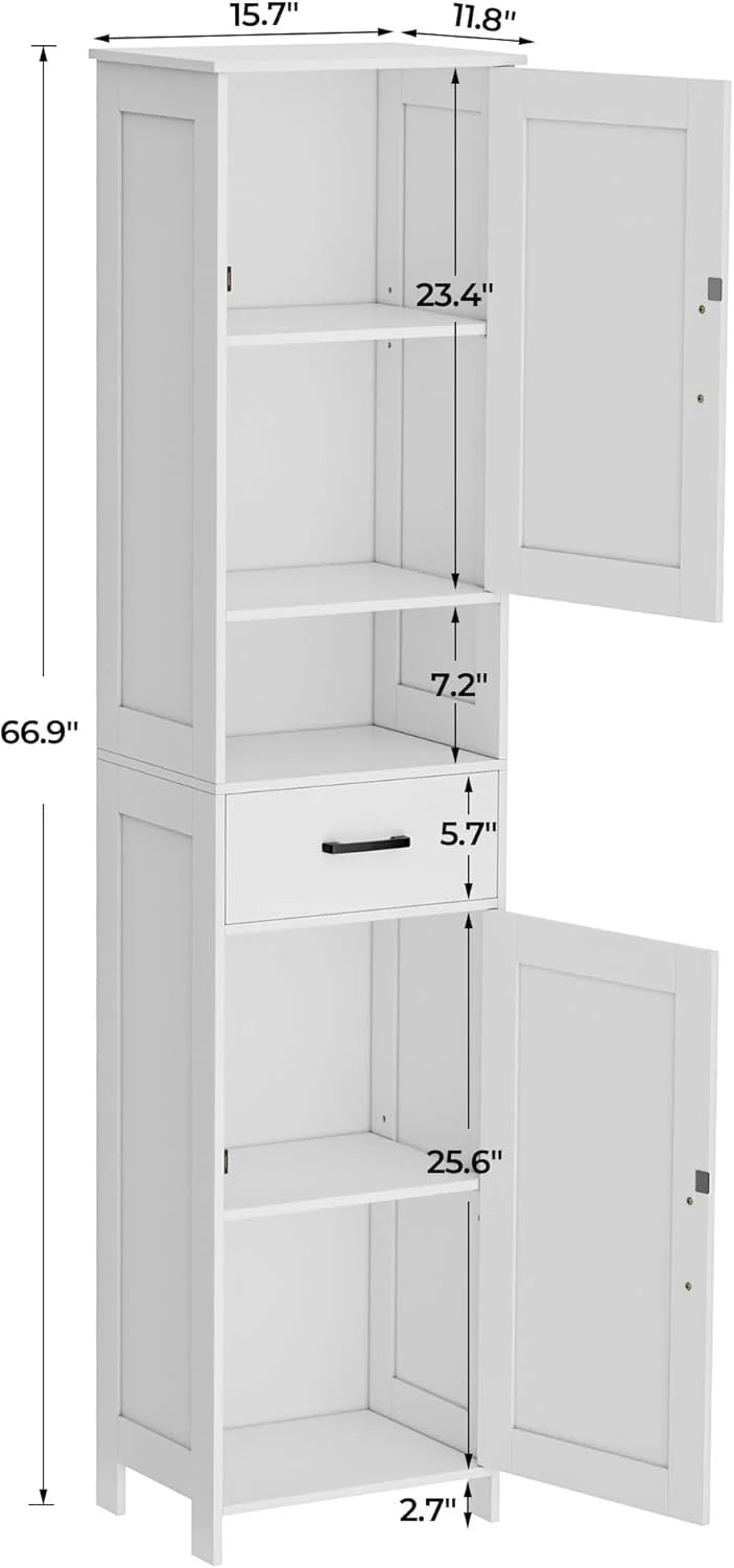Homhedy 67" H Tall Bathroom Storage Cabinet with 2 Barn Doors and 1 Drawer, Narrow Storage Unit, Adjustable Shelves, Floor Cabinet for Bathroom, Living Room, Entryway, Kitchen, White, (15.7" W)