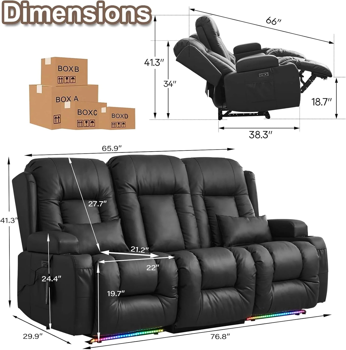 TUNYI Power Loveseat Recliner Sofa with Massage & Heat Home Theater Seating with Console Electric Recliner RV Sofa with USB/Outlet/Storage/Side Pocket/LED Light/Speaker (Brown, Loveseat)