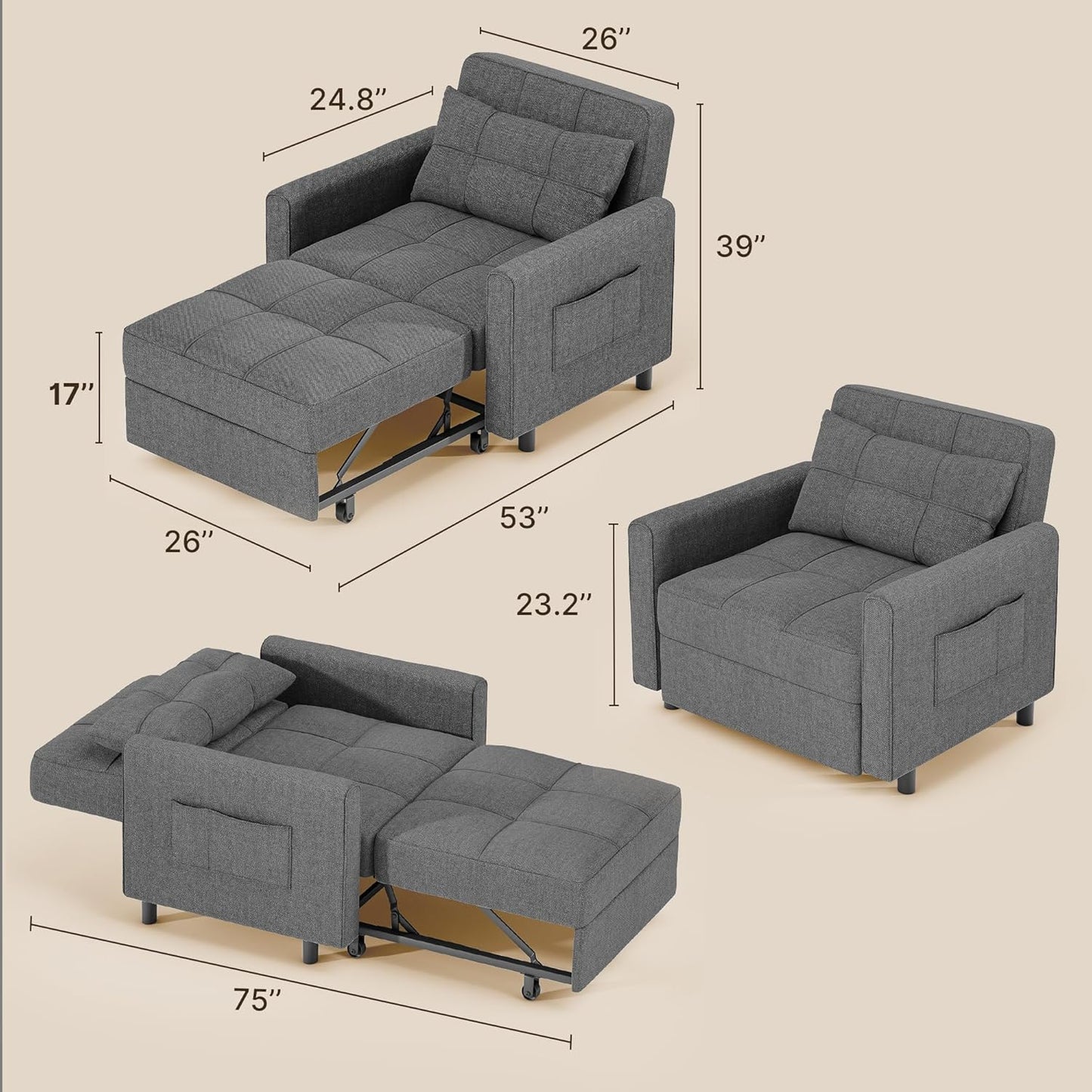 Sofa Bed Chair 3 in 1 Convertible, Pullout Single Sleeper Chair Bed with Adjustable Backrest, Spacious Multifunctional Sofa Couches