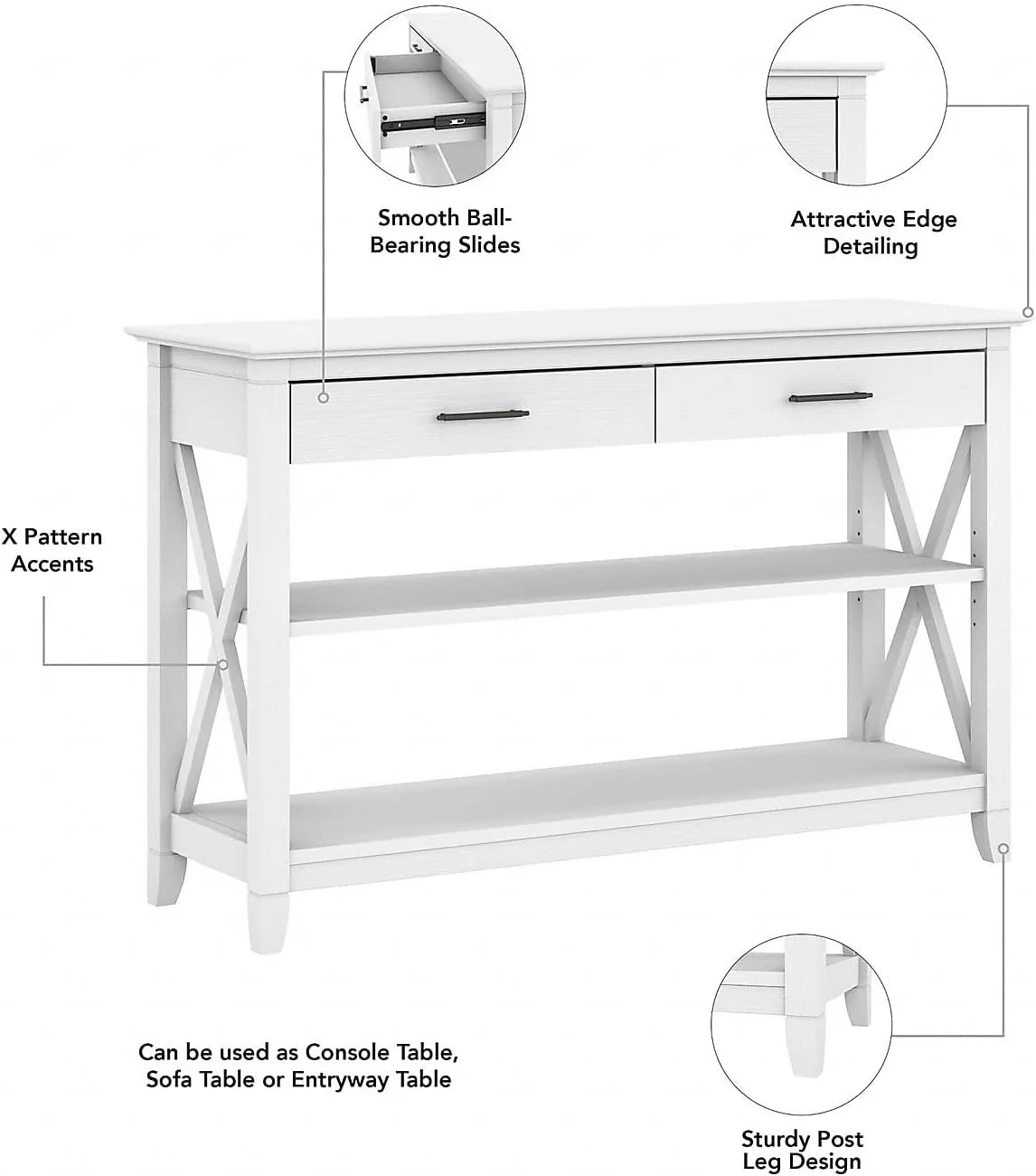 Key West Console Table with Drawers and Shelves in Linen White Oak
