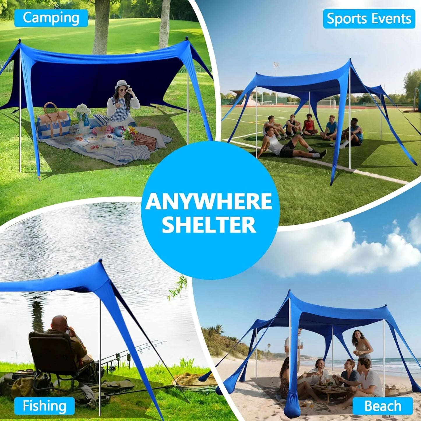 Beach Tent Sun Shelter, 10 x 10 FT Beach Canopy Tent Sun Shade Heavy Duty, UPF50+ Beach Tent Canopy with 8 Sandbags & 4 Stability Poles, Outdoor Beach Shade Canopy for Camping and Fishing, Blue