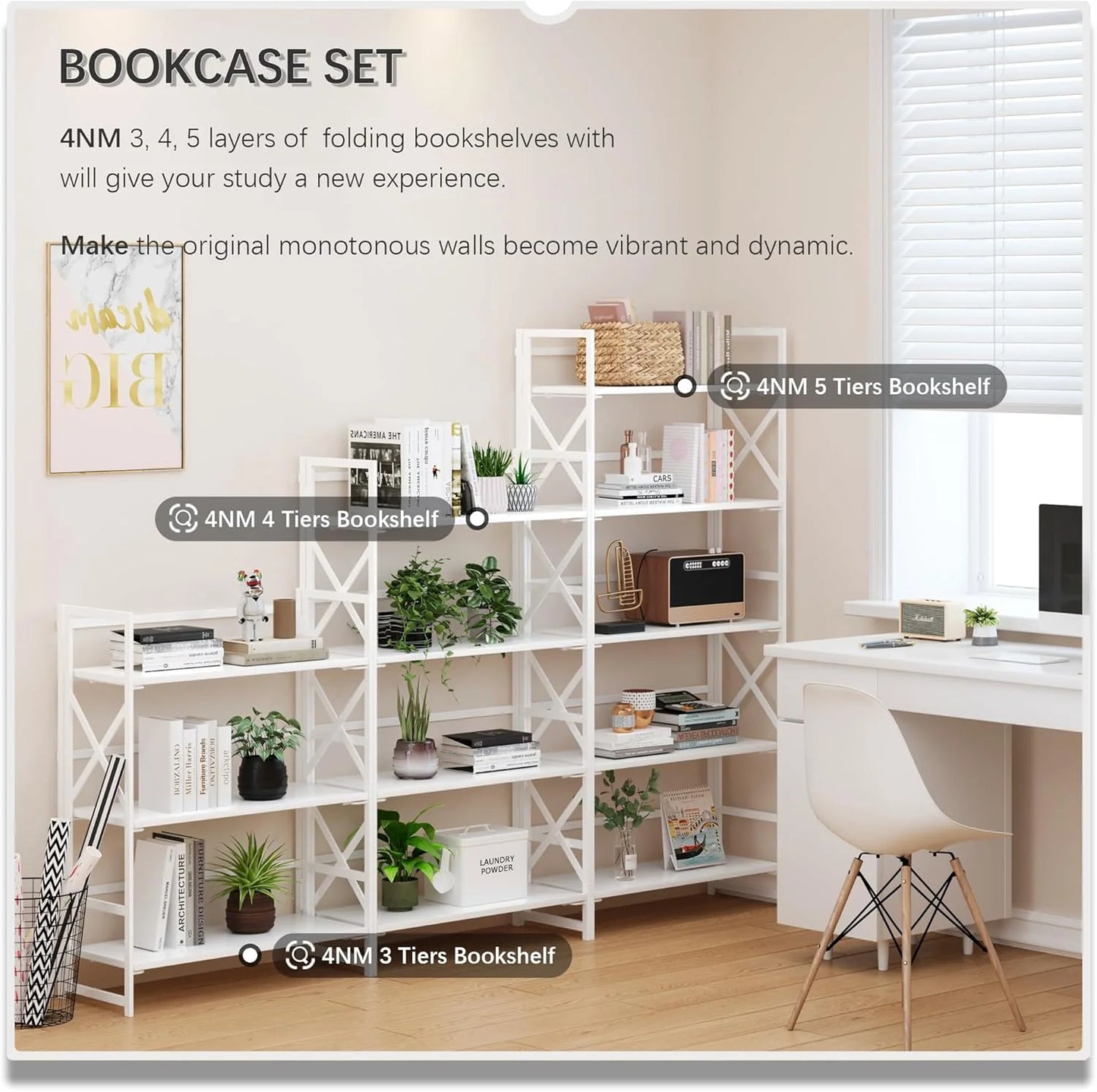 5 Tiers No Assembly Book Shelves 51.2" H Folding Bookshelf Bookcase