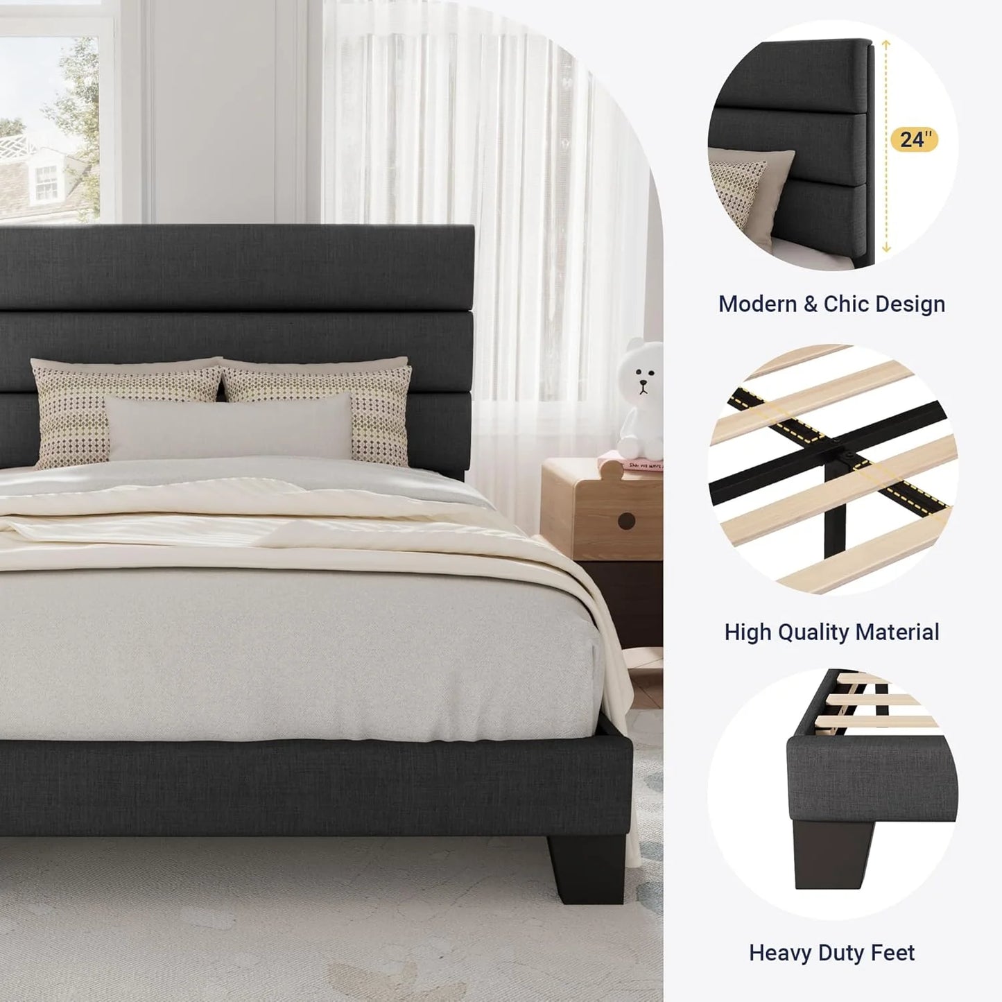 Allewie Queen Size Platform Bed Frame with Fabric Upholstered Headboard and Wooden Slats Support, Fully Upholstered Mattress Foundation/No Box Spring Needed