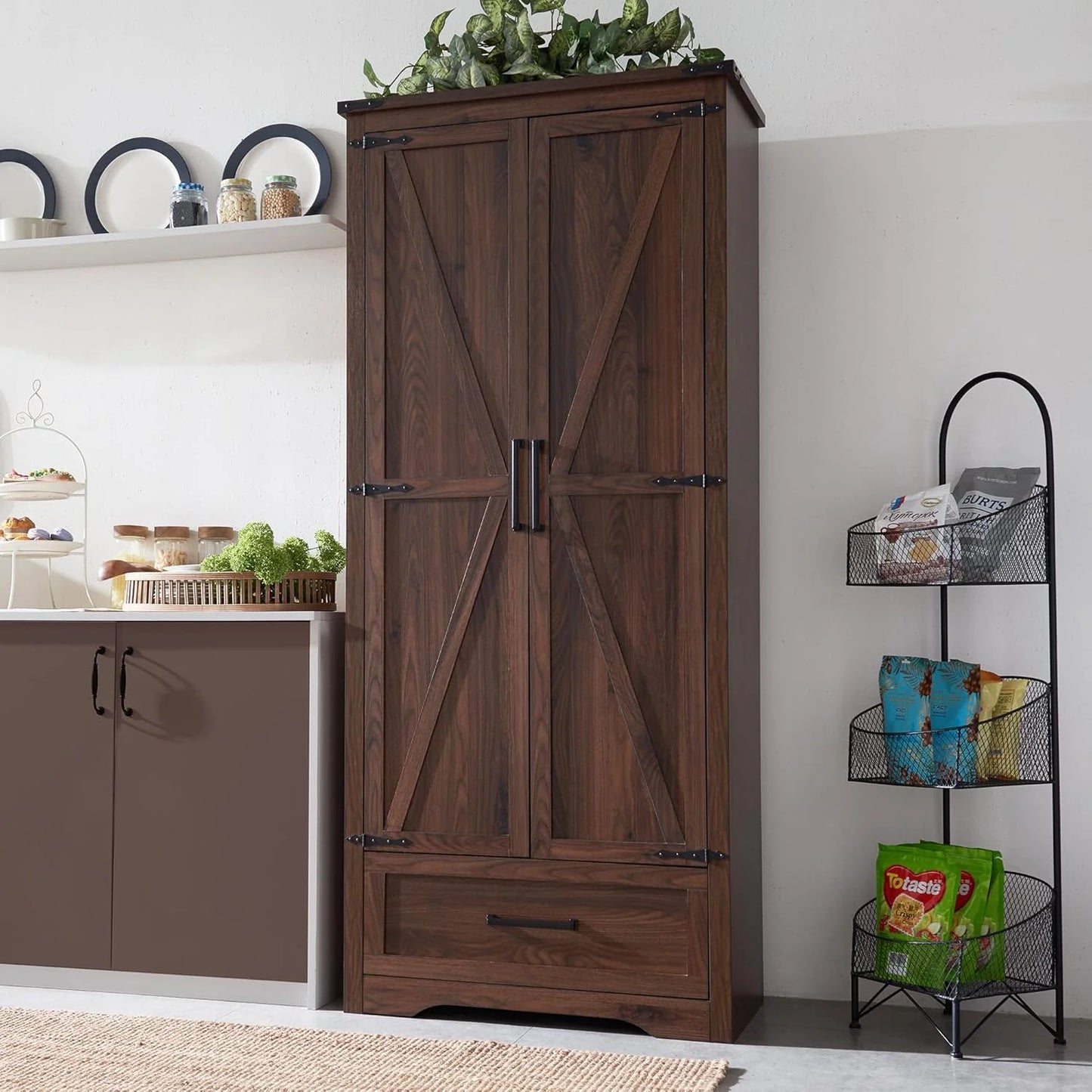 JXQTLINGMU Farmhouse Kitchen Pantry - 72" Tall Wood Kitchen Storage Cabinet with Adjustable Shelves and 2 Barn-Style Doors and Drawers