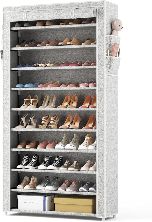 ROJASOP 10 Tier Shoe Rack with Covers,Large Capacity Stackable Tall Shoe Shelf Storage to 50-55 Pairs Shoes and Boots Sturdy Metal Free Standing Shoe Rack Organizer for Closet Entryway Garage