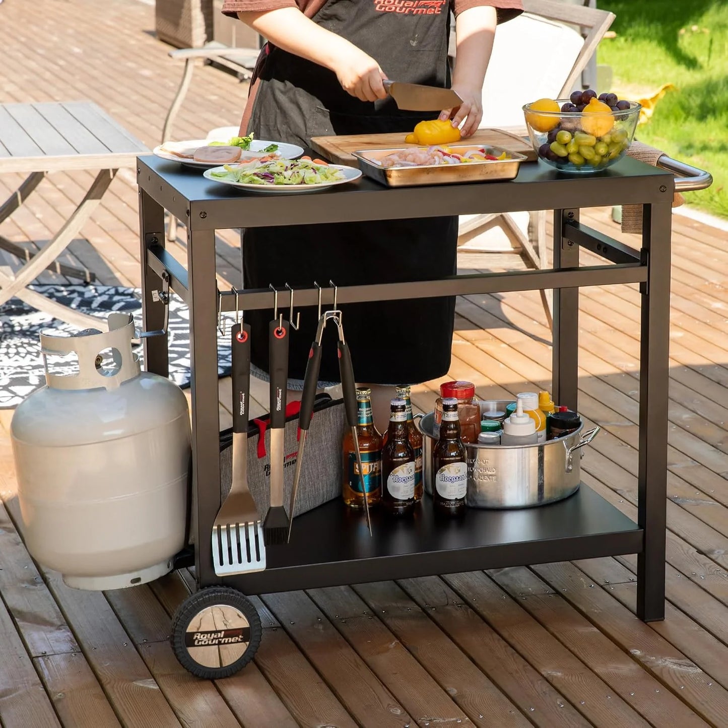 Royal Gourmet Dining Cart Table with Double-Shelf, Movable Stainless Steel Flattop Grill Cart, Hooks, Side Handle, Multifunctional PC3401B (Black)