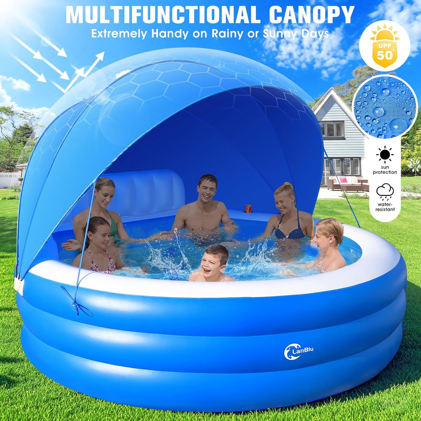 2025 Upgraded Inflatable Pool with Canopy, Inflatable Family Lounge Pool, Round Blow Up Pool for Adult with Bench & Backrest, Swim Center Easy Backyard Pools for Kids & Adults, 92"x92"x26", Blue