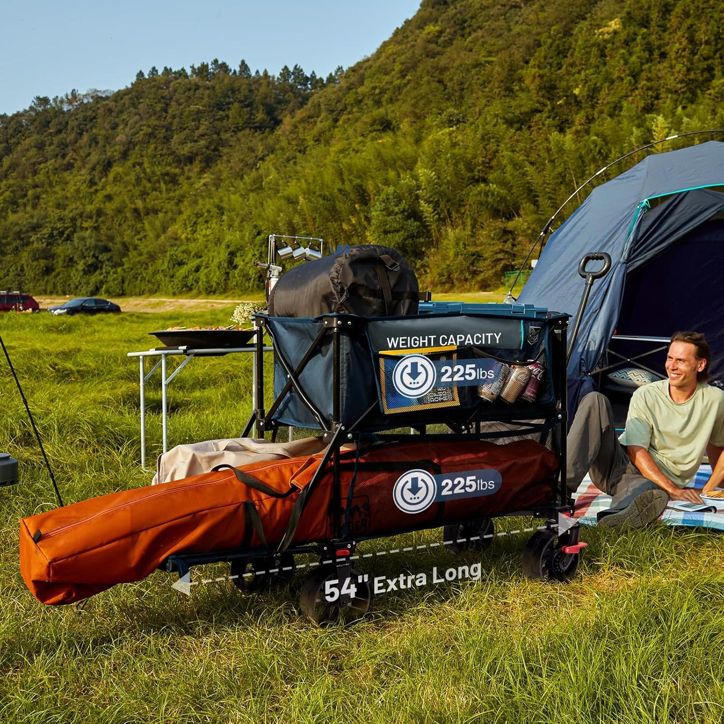 400L Large Capacity Folding Double Decker Cart with Brakes, 54 Inch Extra Long Extended Cart, 450 Pounds Heavy Duty Folding Cart