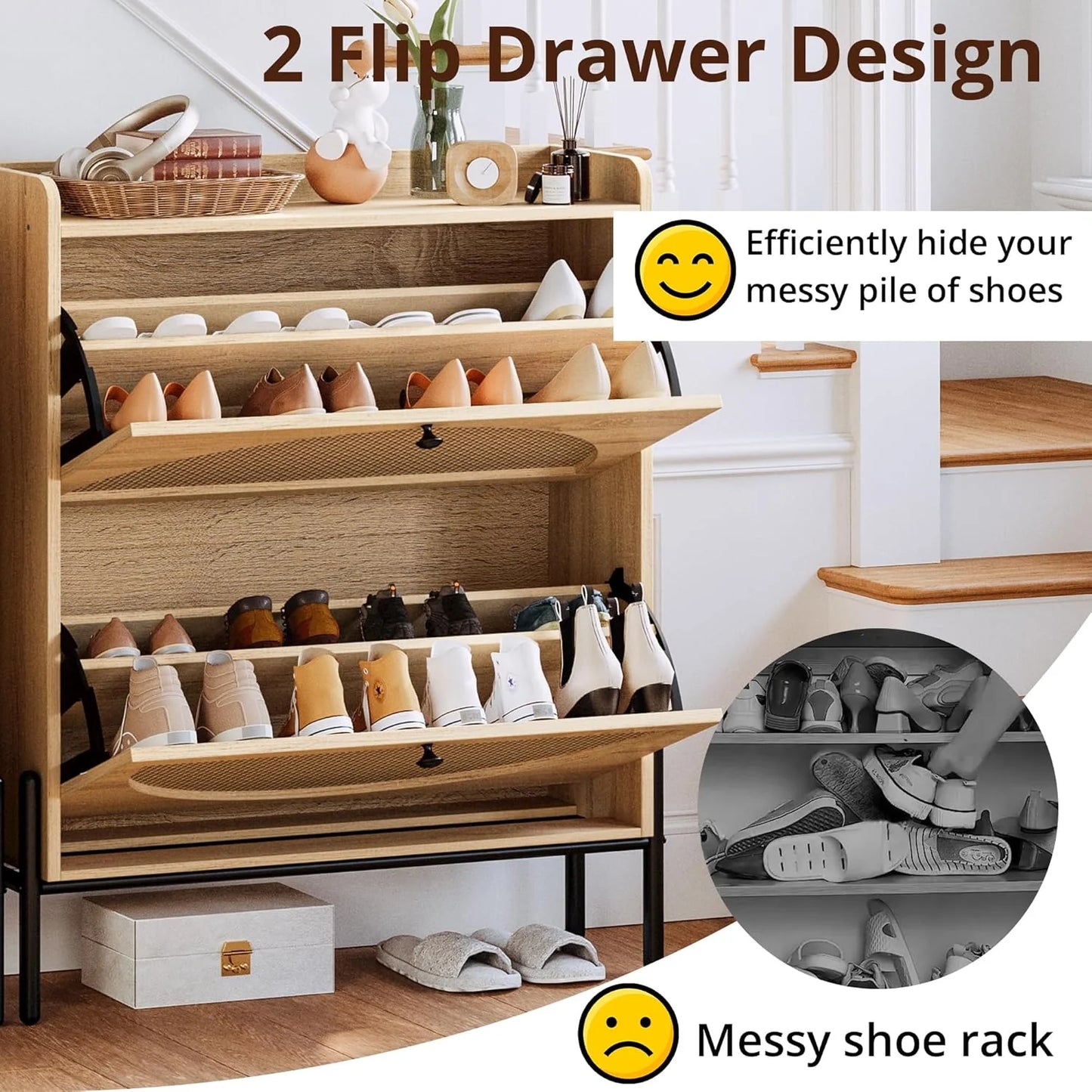 IRONCK Shoe Cabinet Storage with 2 Flip Drawers, Free Standing Wooden Shoe Storage Organizer Cabinet with Rattan Doors for Entryway, Narrow Shoe Rack Cabinet, Oak