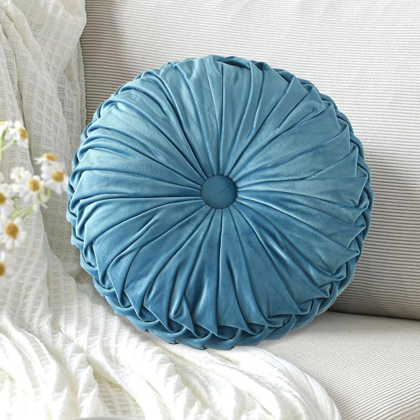 Set of 2 Decorative Round Pleated Throw Pillows