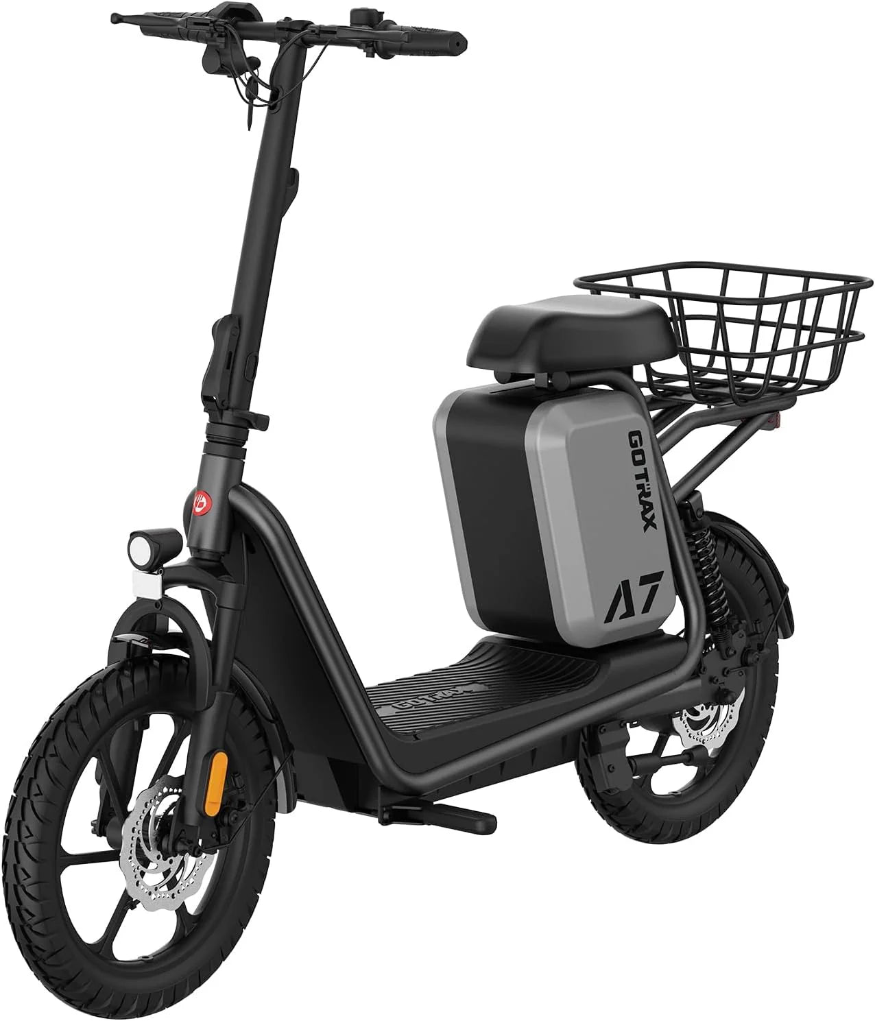 Gotrax adult electric scooter with seat, maximum range of 19-25 miles, all-terrain tires, wide pedals, padded seat, and carrycot