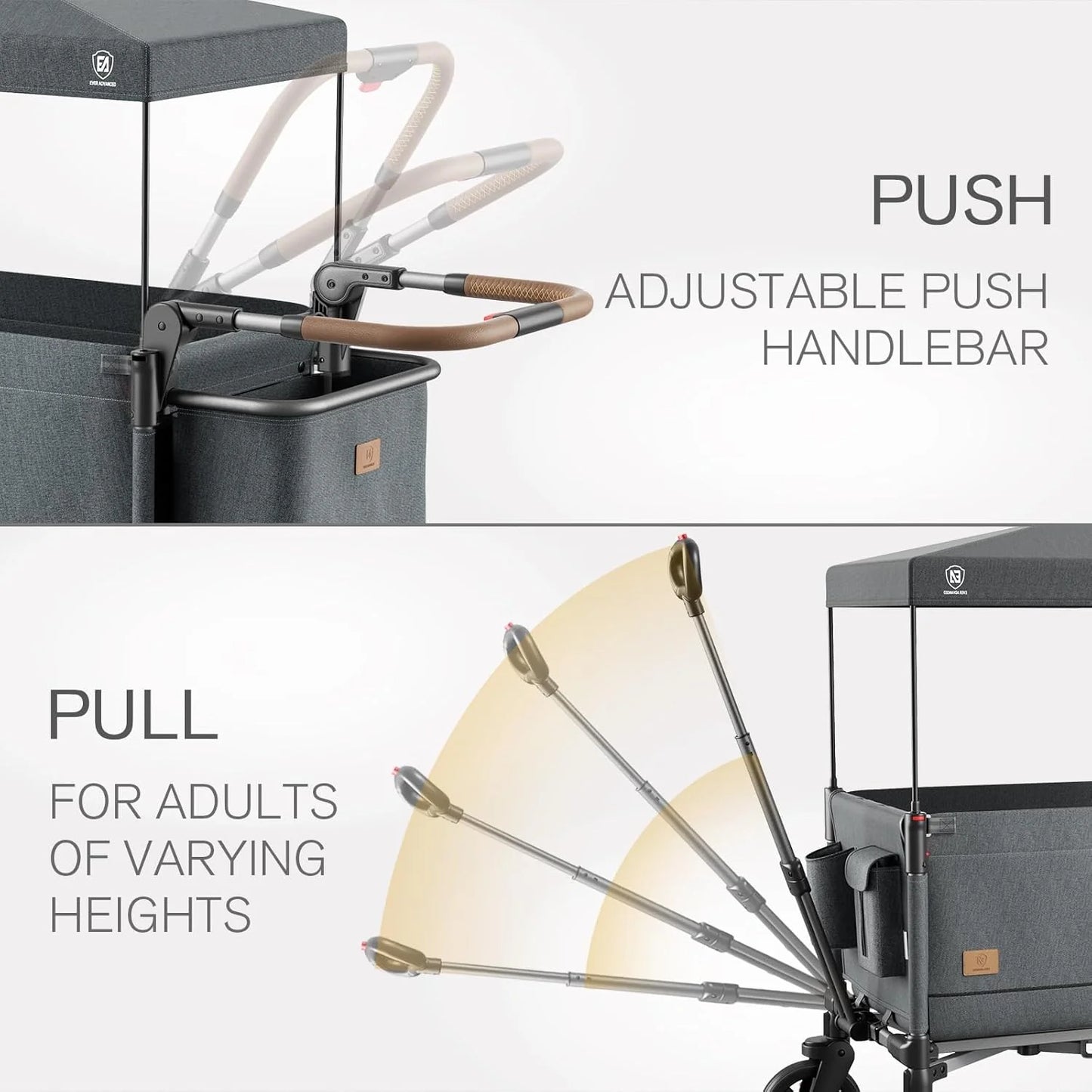 EVER ADVANCED Side-unzip Wagon Stroller for 2 Kids, Push Pull Stroller with Adjustable Handle, Easy Access Front Zipper Door, 5-Point Harness Removable UV-Protection Canopy Shock-Absorbing Wheels,Grey