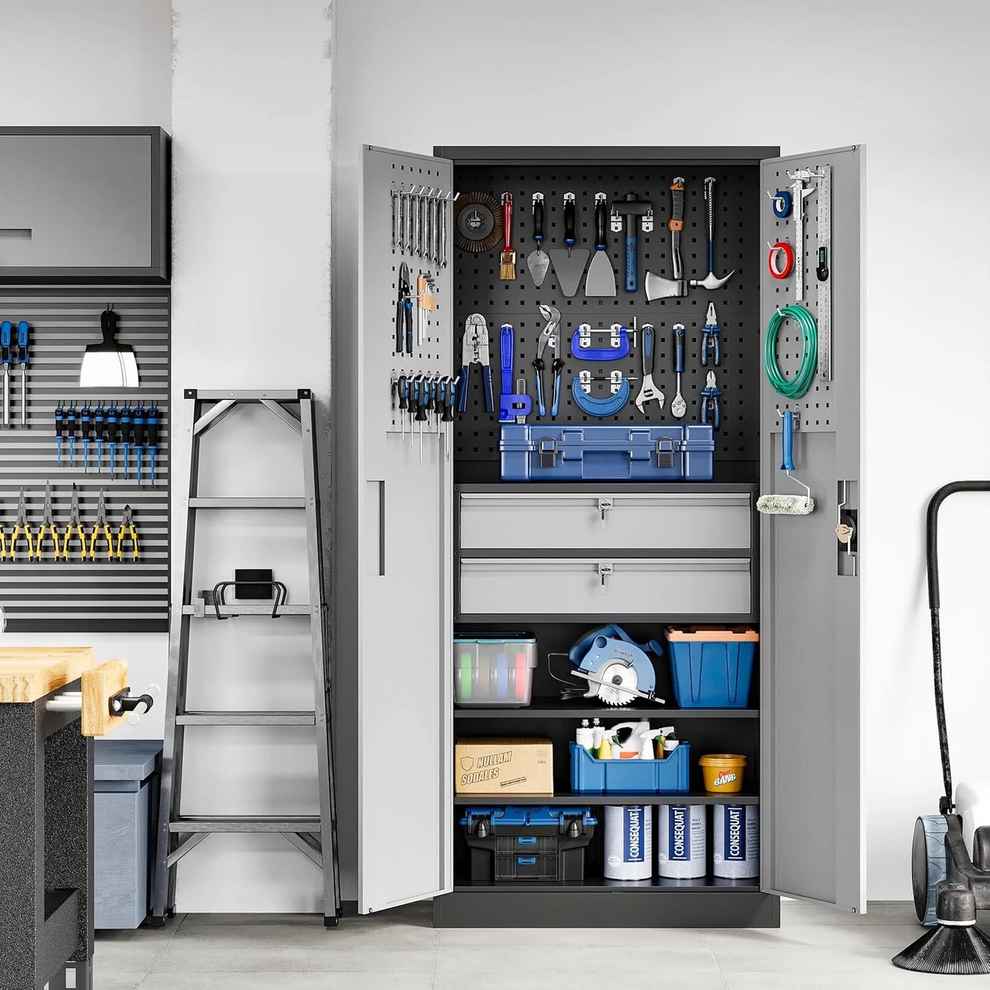 Yizosh Metal Garage Storage Cabinet with Locking Doors and 2 Drawers, Heavy Duty Steel Tool Cabinet with Pegboard, 71" - Lockable Cabinets