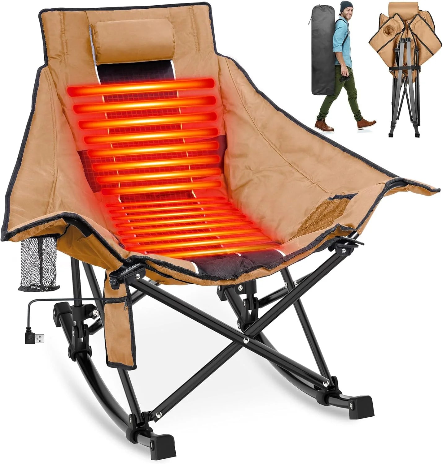 Heated Camping Chair, Extra Large Heated Chair Outdoor Sports Chair with 3 Heat Levels on Back and Seat, Portable Folding Heated Outdoor Chair (Batteries Not Included)