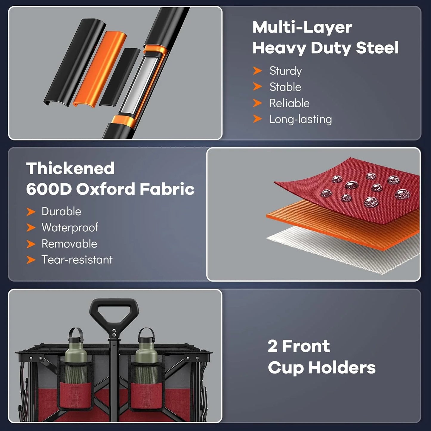 38" long foldable four-wheel stroller, foldable, 460 lb capacity, 220 liter heavy-duty folding beach stroller with large all-terrain tires