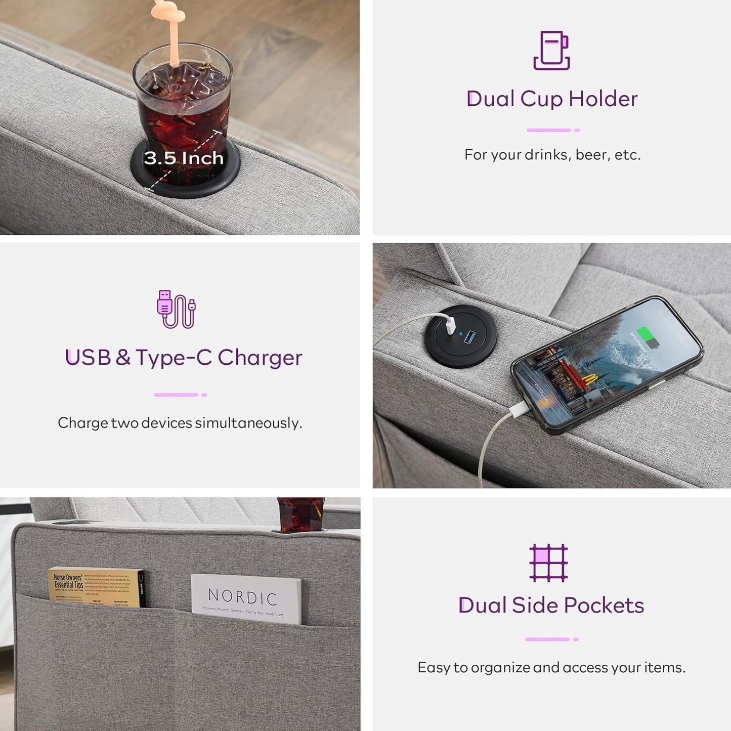 Adult Convertible Sleeper Chair Bed, 3-in-1 Pull-Out Sofa Bed with USB/Type-C Ports, Cup Holders, Side Pockets, Single Sofa