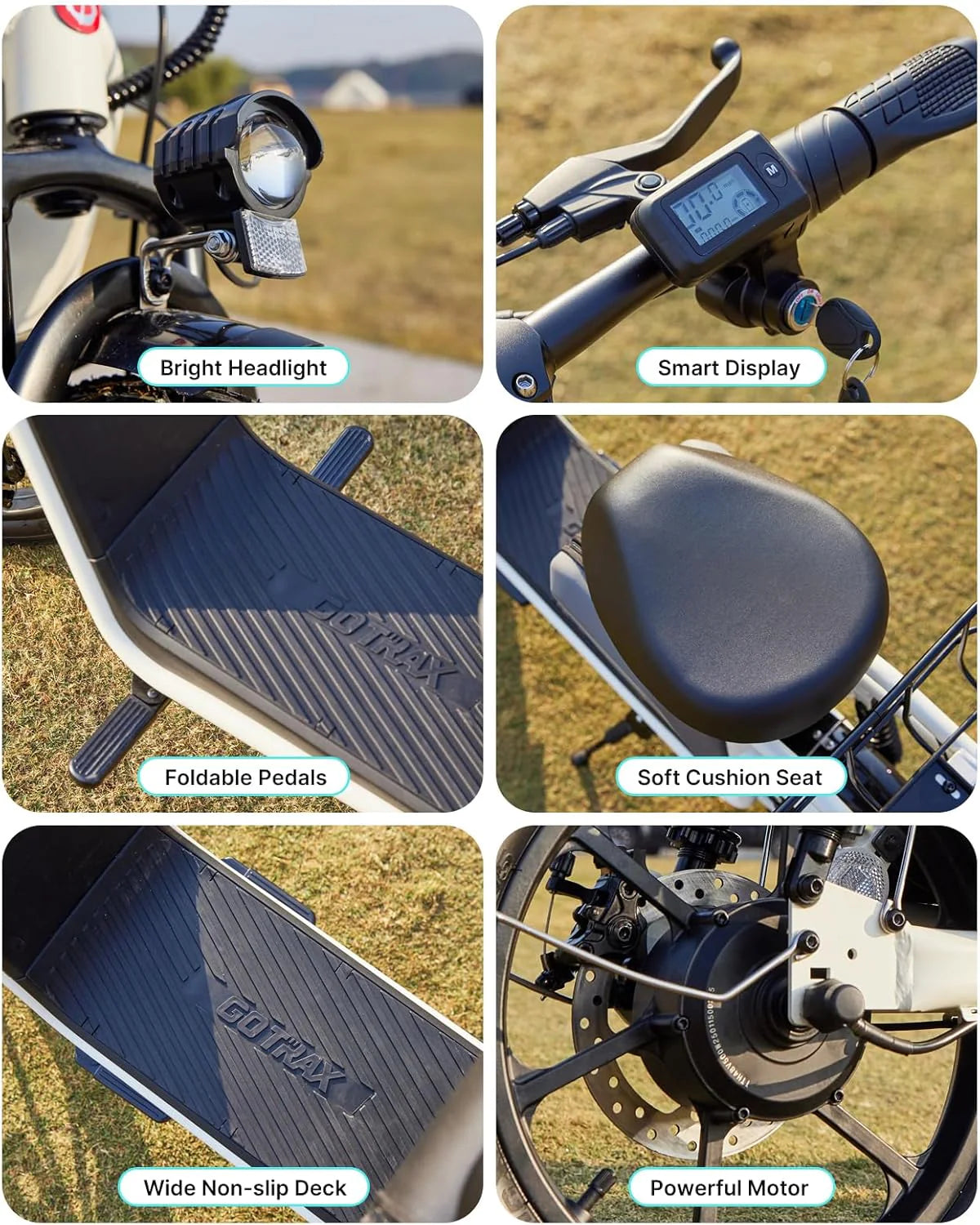 Gotrax adult electric scooter with seat, maximum range of 19-25 miles, all-terrain tires, wide pedals, padded seat, and carrycot