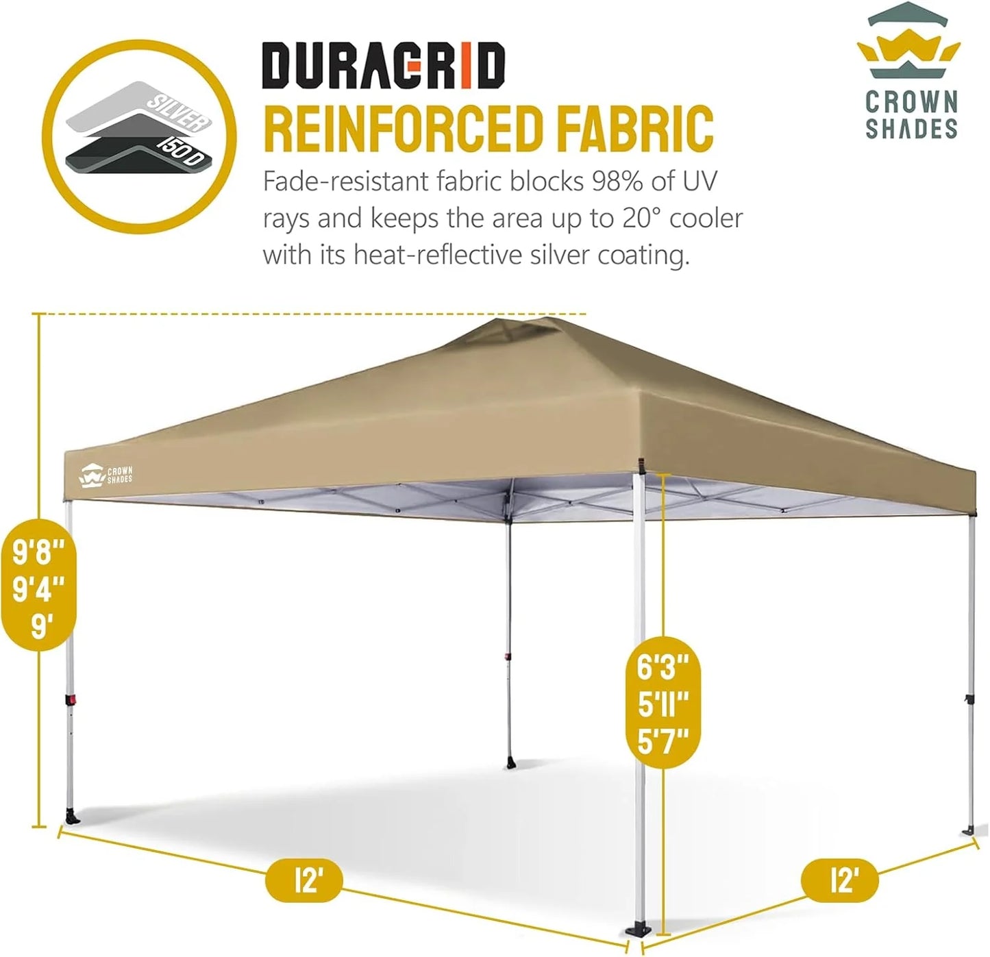 10x10 Pop-Up Awning - One-Click Installation Beach Tent - Outdoor Sunshade Silver Coated Top, 3 Heights and 4 Sand Pockets